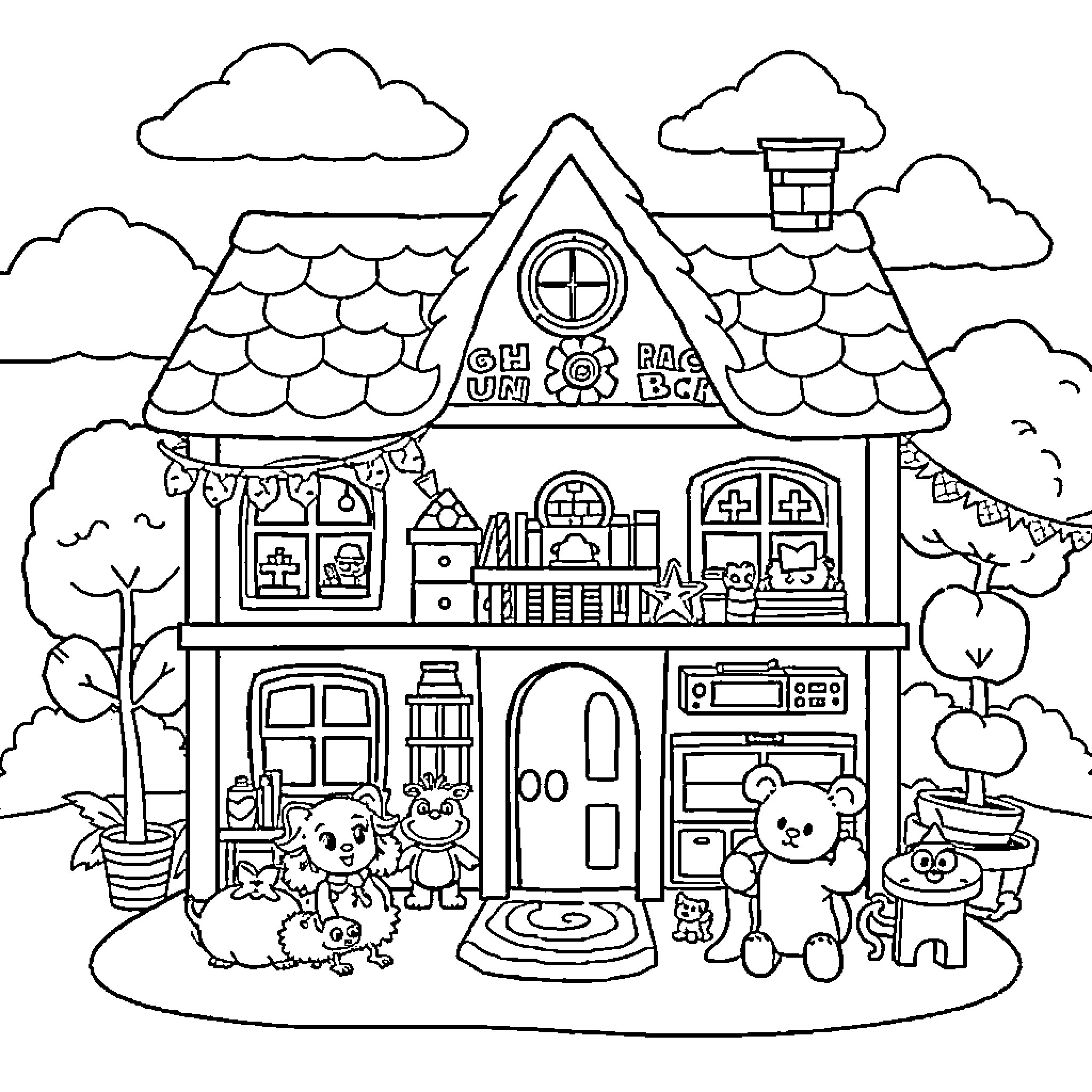 Gabby's Playful Cottage Adventure Coloring Page (free black-and-white line drawing printable PDF for all, from beginners to advanced learners, including children, teens, adults, and seniors)