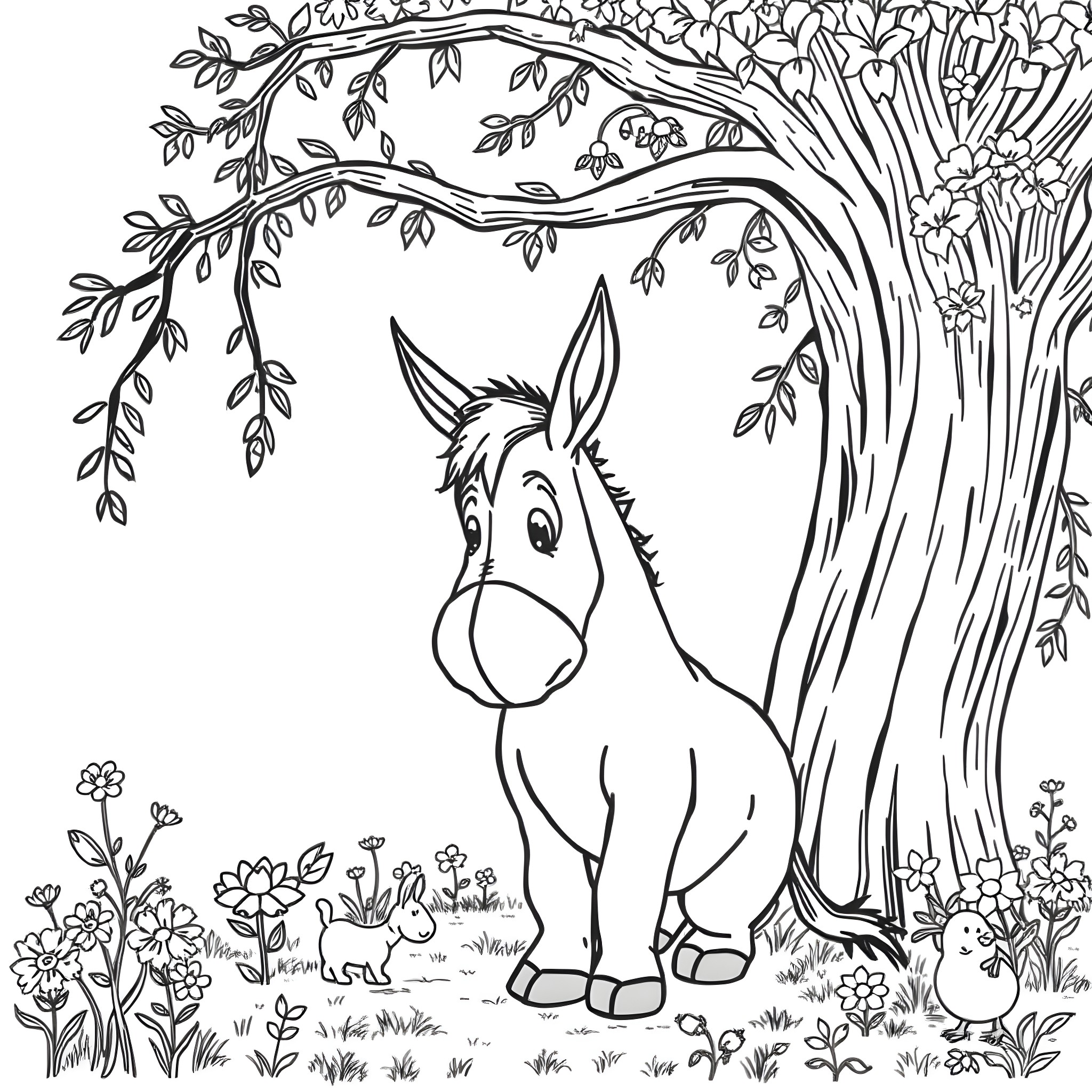 Eeyore in a whimsical forest scene Coloring Page (free black-and-white line drawing printable PDF for all, from beginners to advanced learners, including children, teens, adults, and seniors)