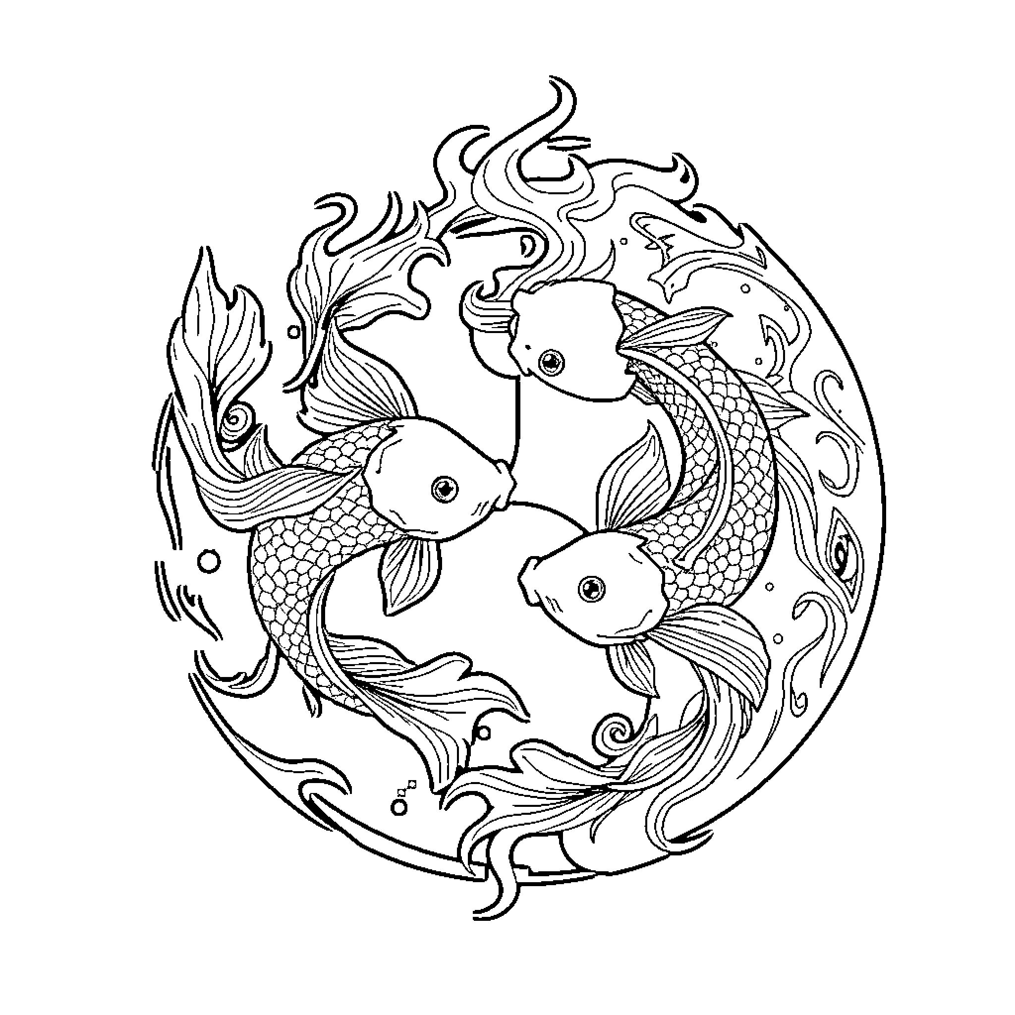 Koi Fish Swimming in Ornate Circle Coloring Page (free black-and-white line drawing printable PDF for all, from beginners to advanced learners, including children, teens, adults, and seniors)