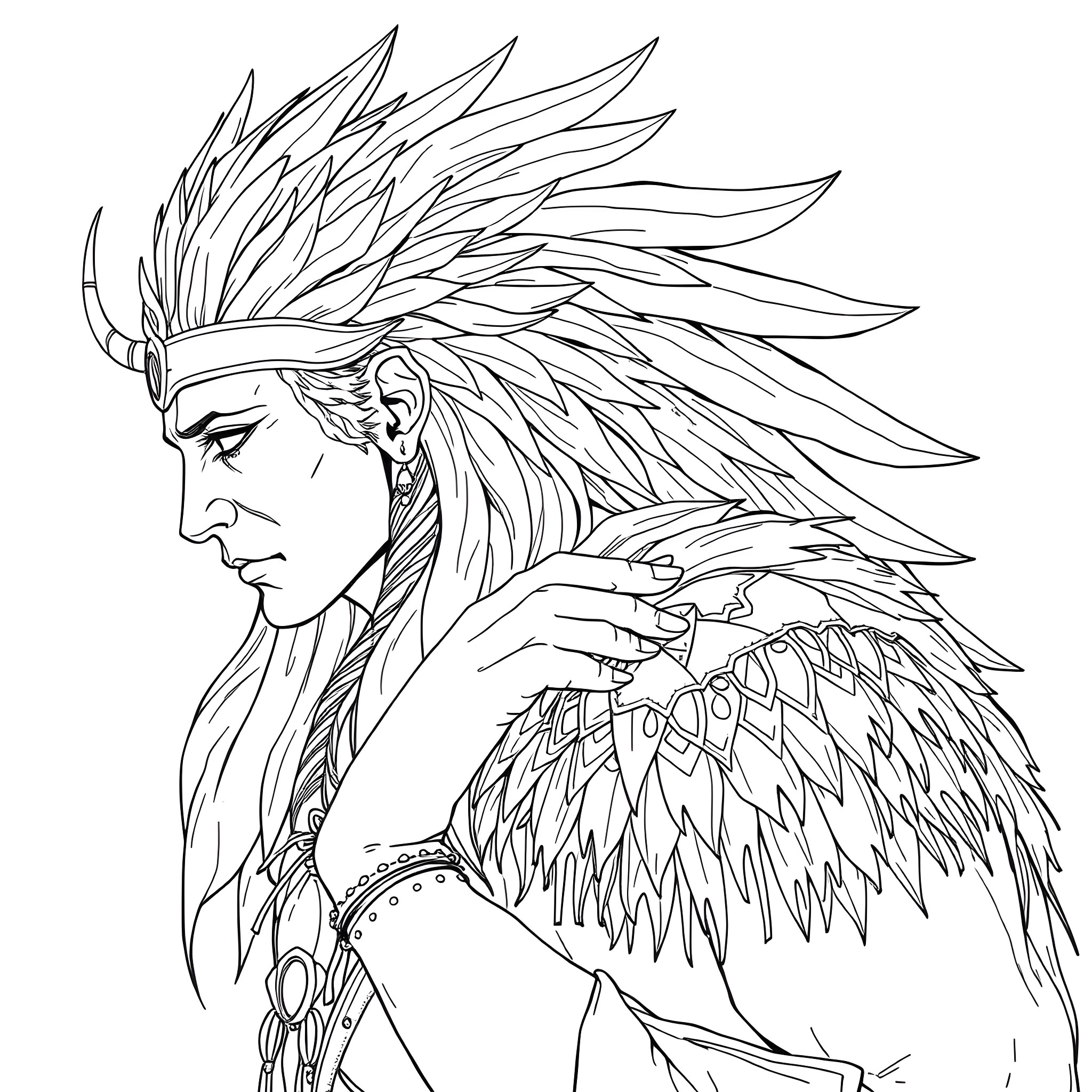 Spirit of the warrior in elaborate feathered headdress Coloring Page (free black-and-white line drawing printable PDF for all, from beginners to advanced learners, including children, teens, adults, and seniors)
