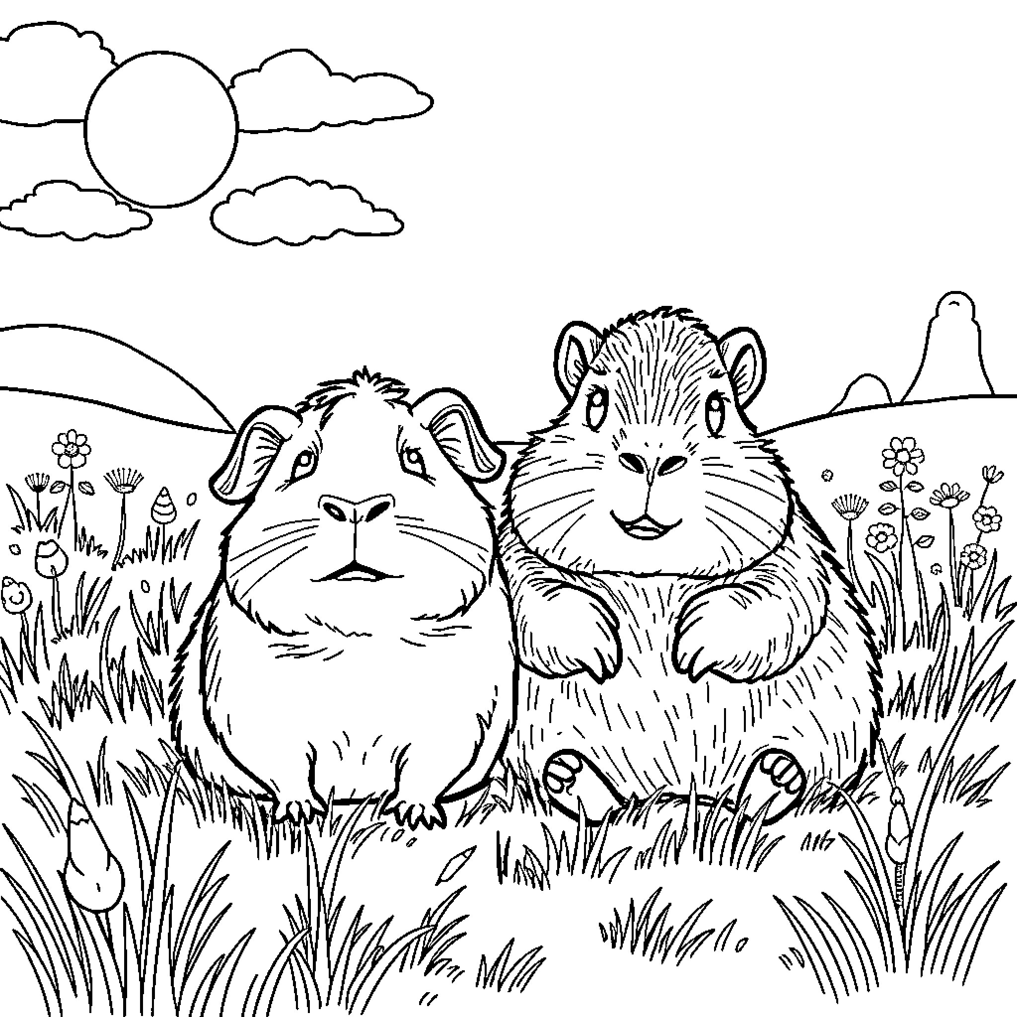 Guinea Pigs Enjoying the Outdoors Coloring Page (free black-and-white line drawing printable PDF for all, from beginners to advanced learners, including children, teens, adults, and seniors)