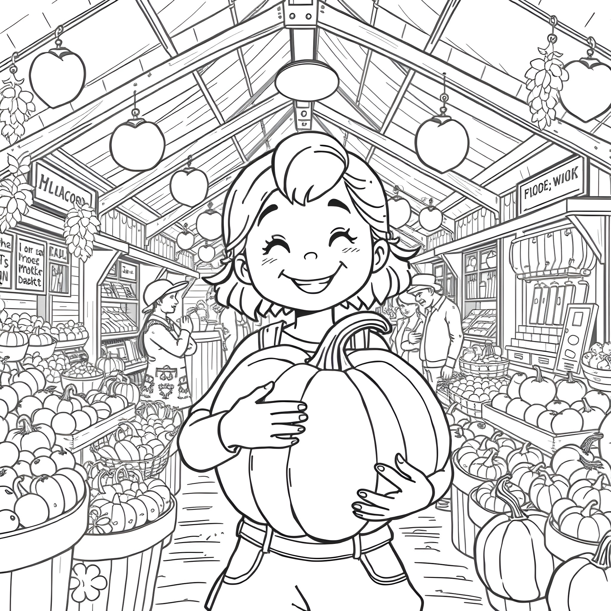 Girl Happily Embracing Pumpkin in Festive Produce Market Coloring Page (free black-and-white line drawing printable PDF for all, from beginners to advanced learners, including children, teens, adults, and seniors)