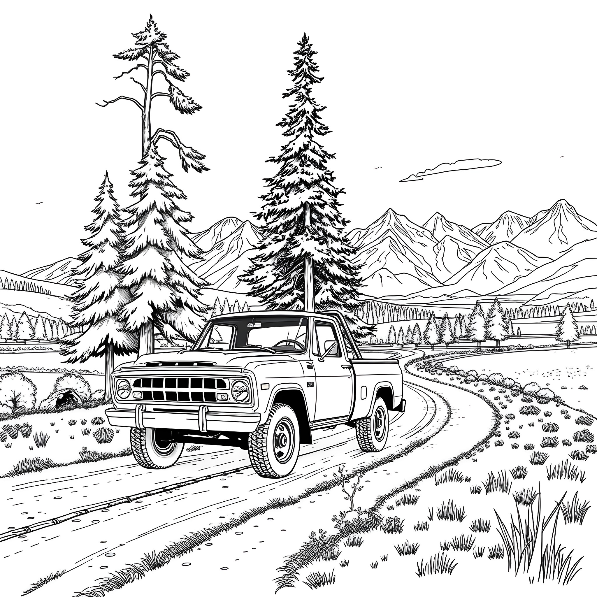 Truck driving through scenic mountain landscape Coloring Page (free black-and-white line drawing printable PDF for all, from beginners to advanced learners, including children, teens, adults, and seniors)