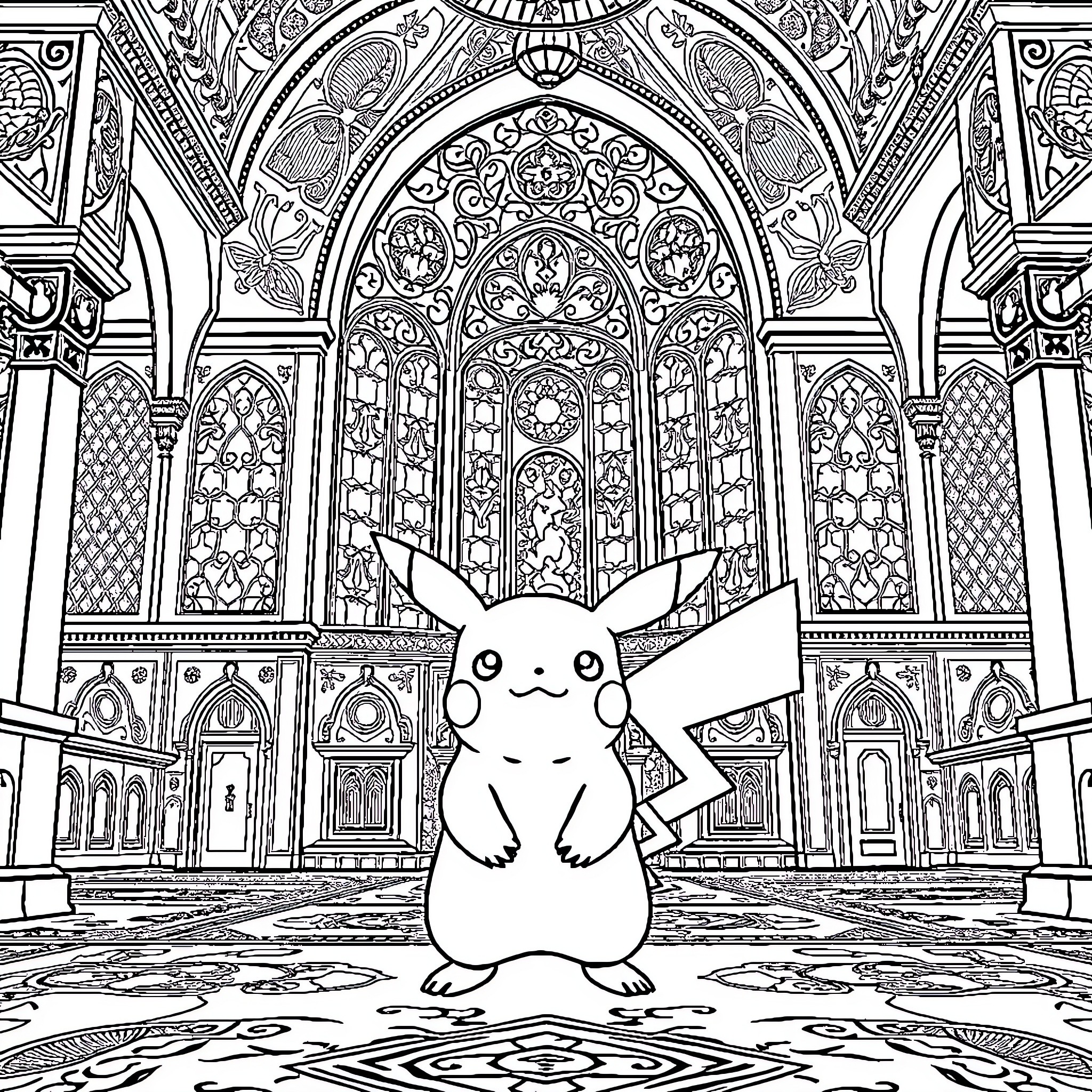 Pikachu exploring a magical stained glass palace Coloring Page (free black-and-white line drawing printable PDF for all, from beginners to advanced learners, including children, teens, adults, and seniors)