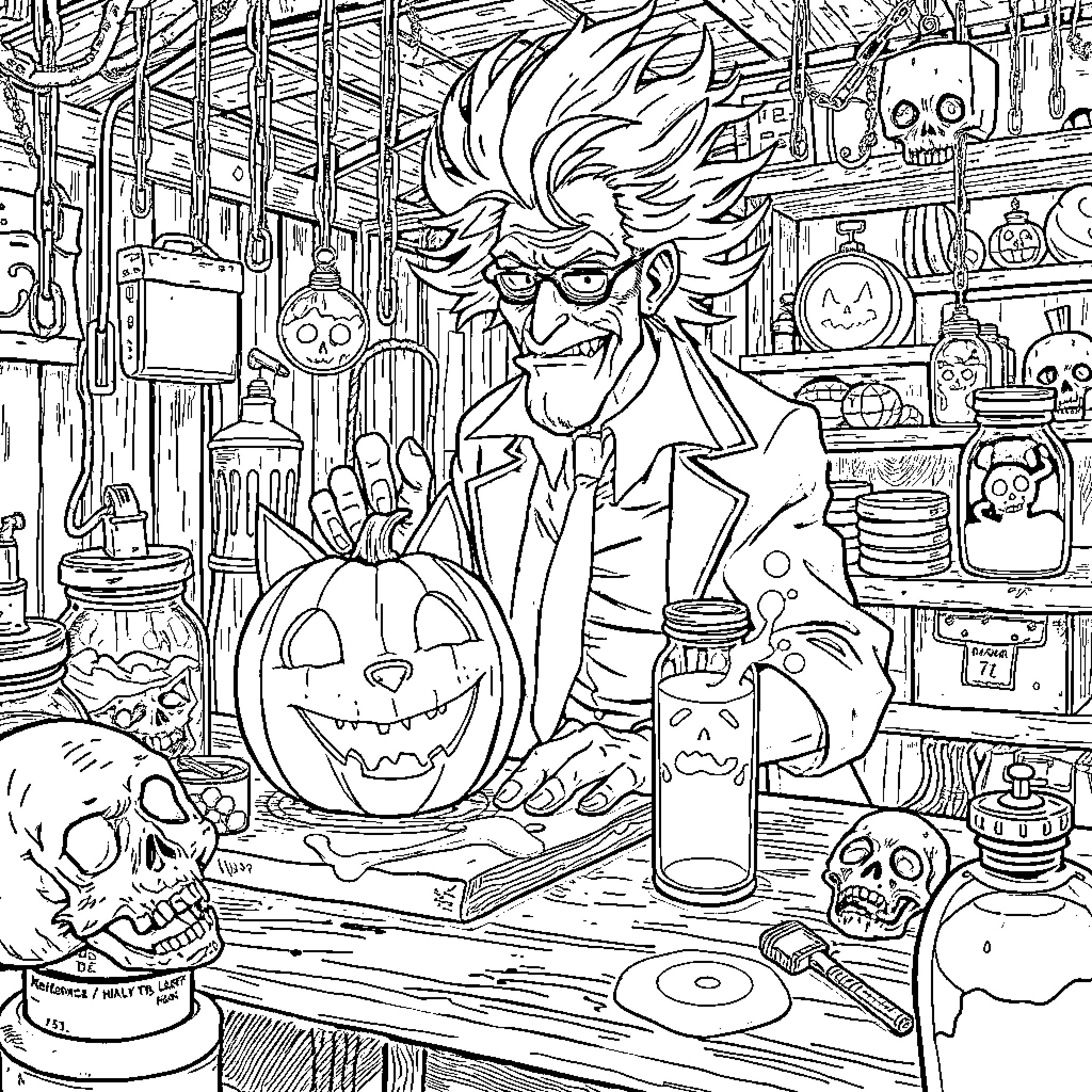Mad Scientist Brewing Potions in Haunted Laboratory Coloring Page (free black-and-white line drawing printable PDF for all, from beginners to advanced learners, including children, teens, adults, and seniors)