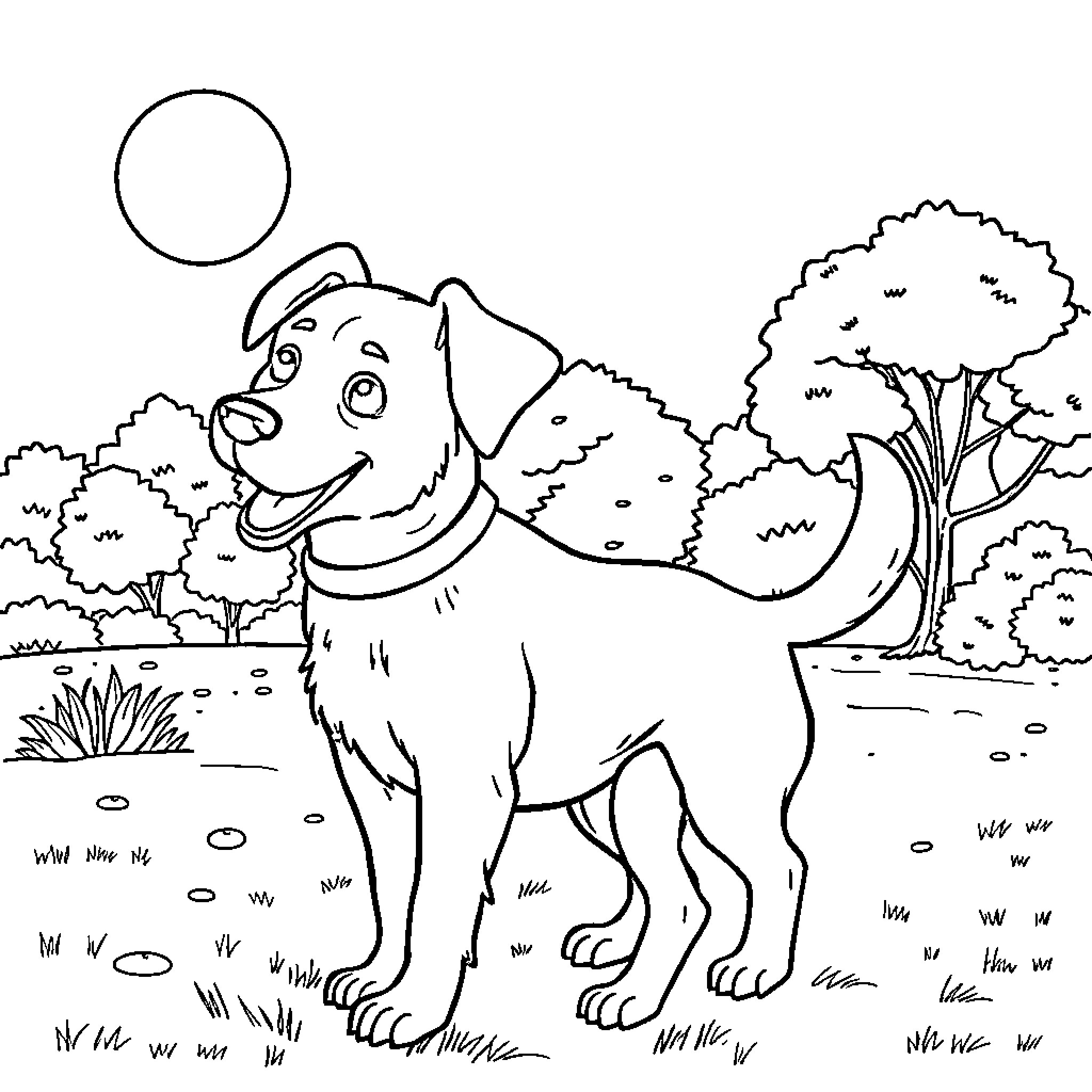Dog playing joyfully in outdoor nature scene Coloring Page (free black-and-white line drawing printable PDF for all, from beginners to advanced learners, including children, teens, adults, and seniors)