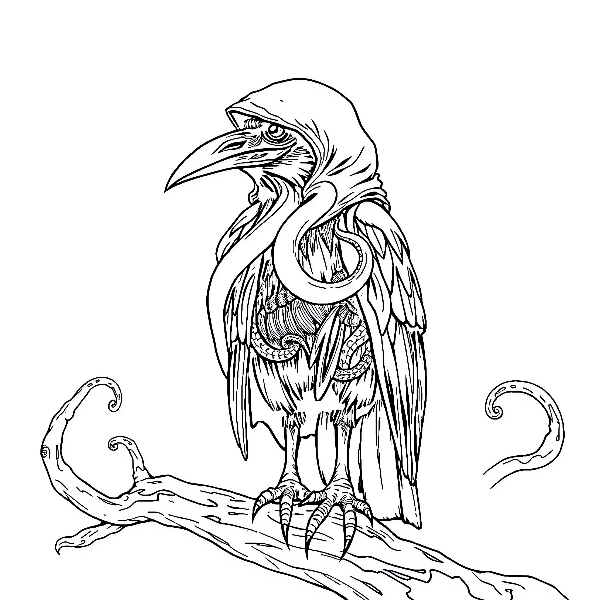Raven perched on gnarled branch with outstretched wings Coloring Page (free black-and-white line drawing printable PDF for all, from beginners to advanced learners, including children, teens, adults, and seniors)
