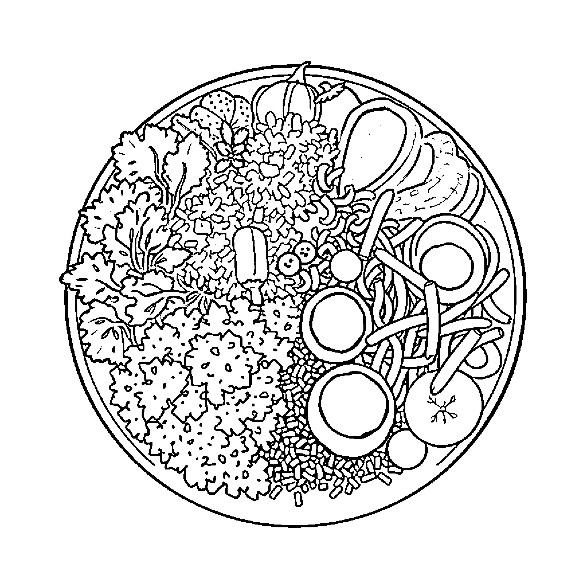Plate of Assorted Vegetables and Garnishes Coloring Page (free black-and-white line drawing printable PDF for all, from beginners to advanced learners, including children, teens, adults, and seniors)
