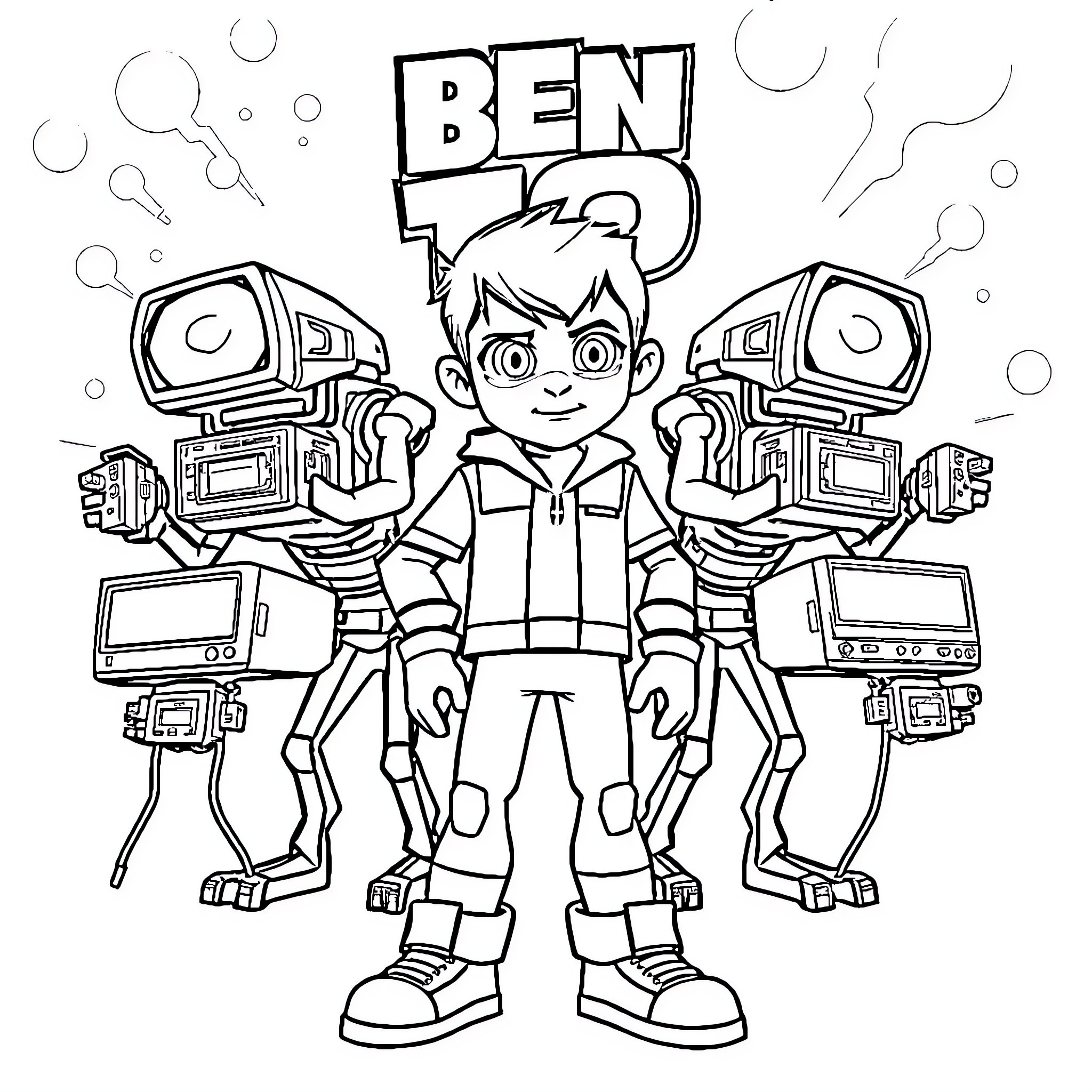 Ben 10 battles aliens with high-tech gadgets Coloring Page (free black-and-white line drawing printable PDF for all, from beginners to advanced learners, including children, teens, adults, and seniors)