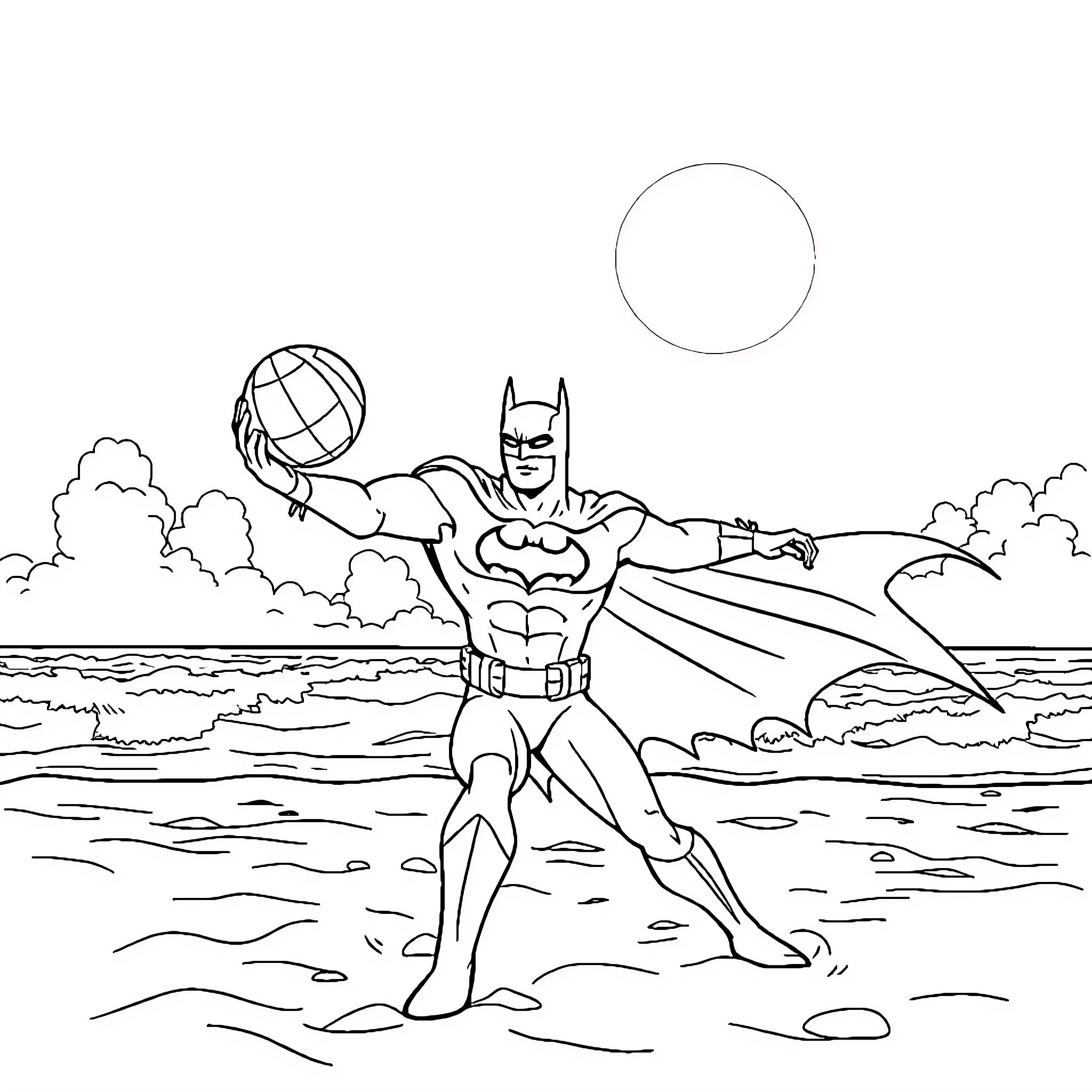 Batman flying over a beach with a beach ball Coloring Page (free black-and-white line drawing printable PDF for all, from beginners to advanced learners, including children, teens, adults, and seniors)