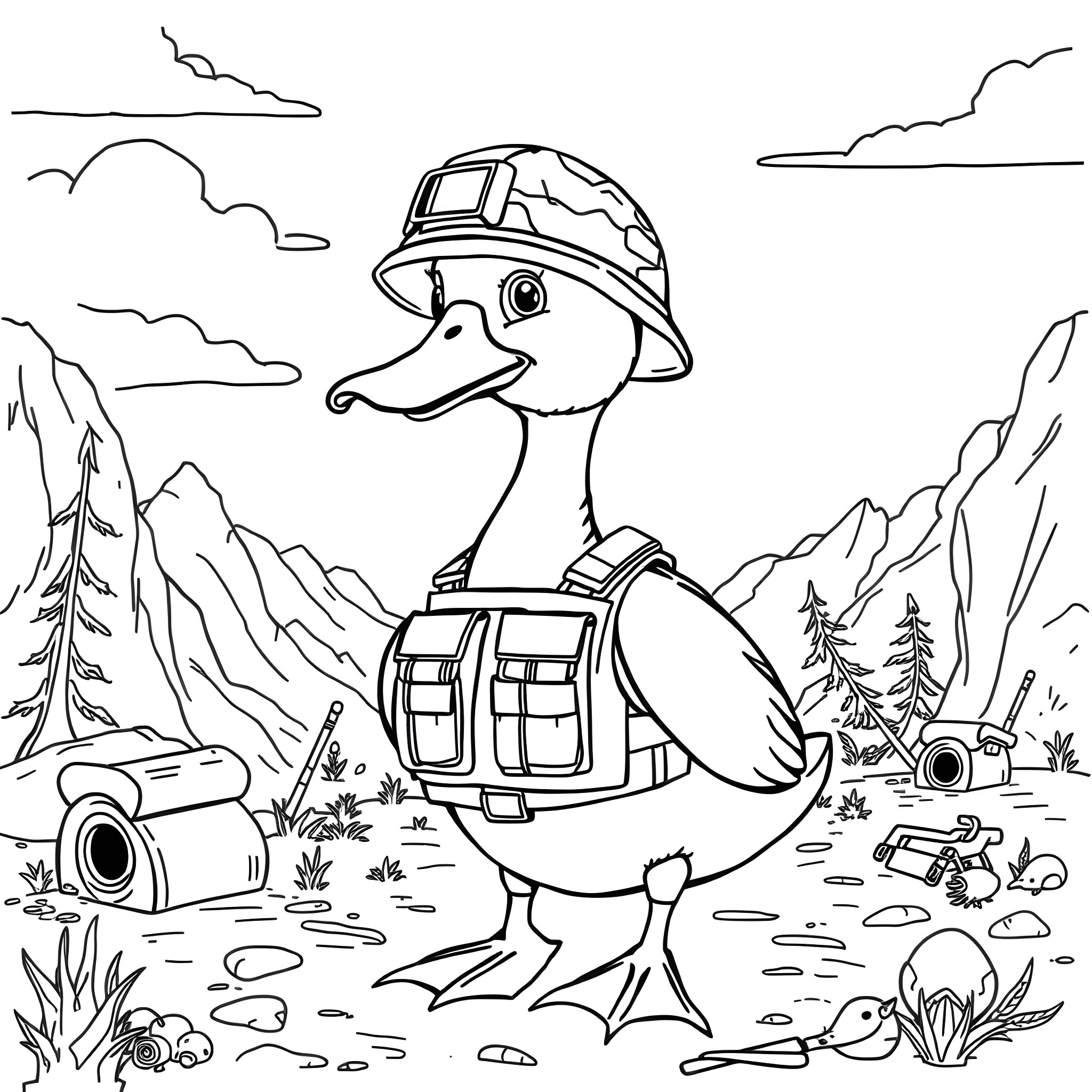 Duck exploring the great outdoors Coloring Page (free black-and-white line drawing printable PDF for all, from beginners to advanced learners, including children, teens, adults, and seniors)