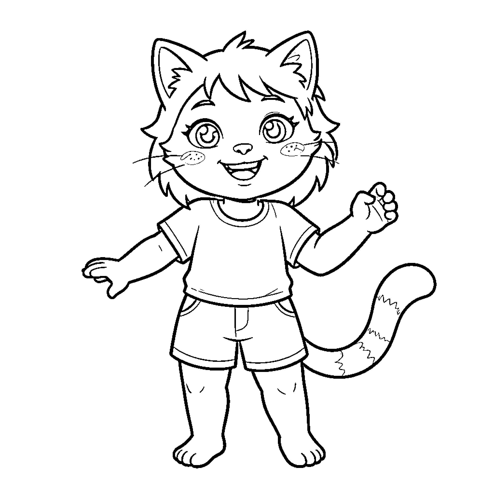 Cat-Human character smiling and waving happily Coloring Page (free black-and-white line drawing printable PDF for all, from beginners to advanced learners, including children, teens, adults, and seniors)