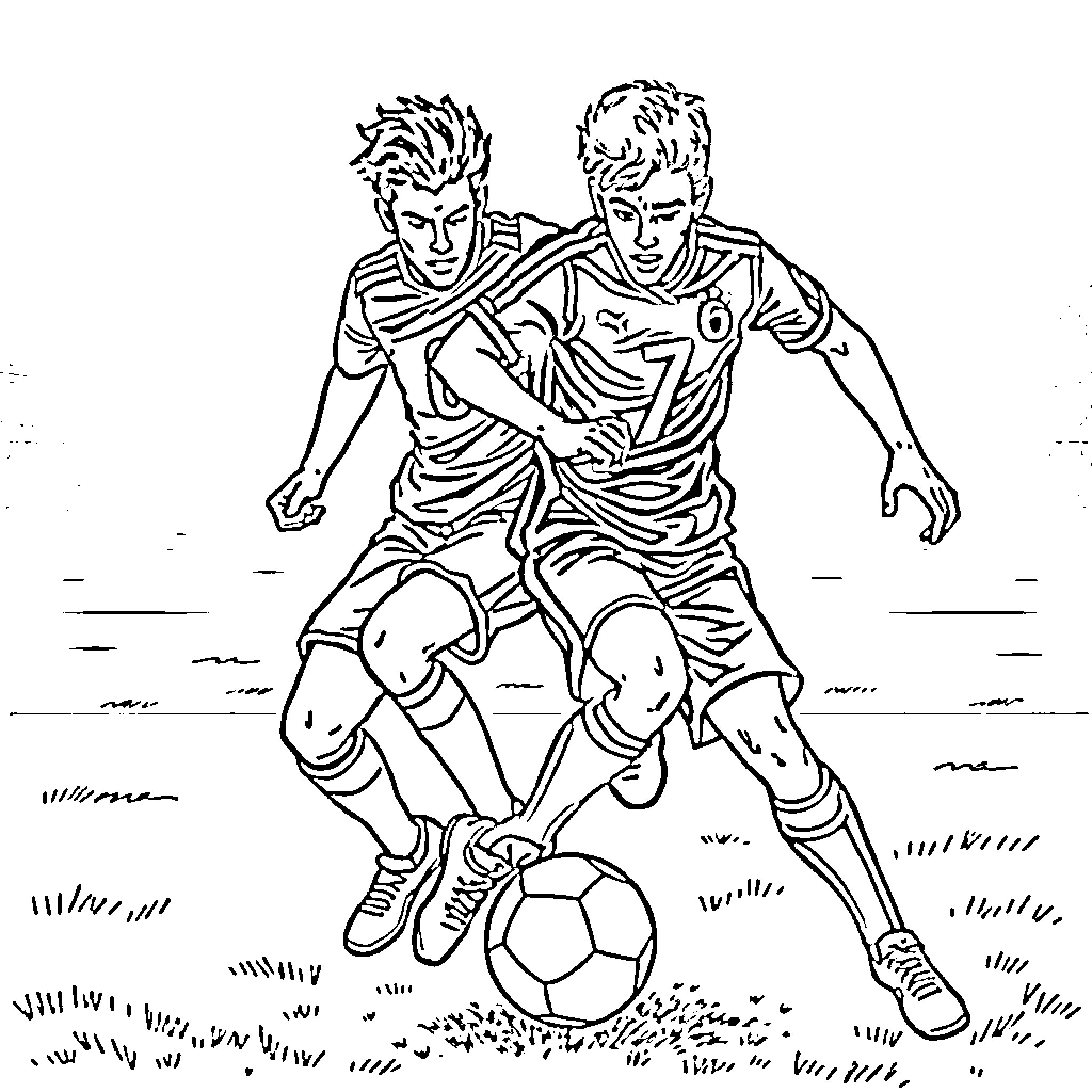 Number Two Players Competing in Soccer Match Coloring Page (free black-and-white line drawing printable PDF for all, from beginners to advanced learners, including children, teens, adults, and seniors)