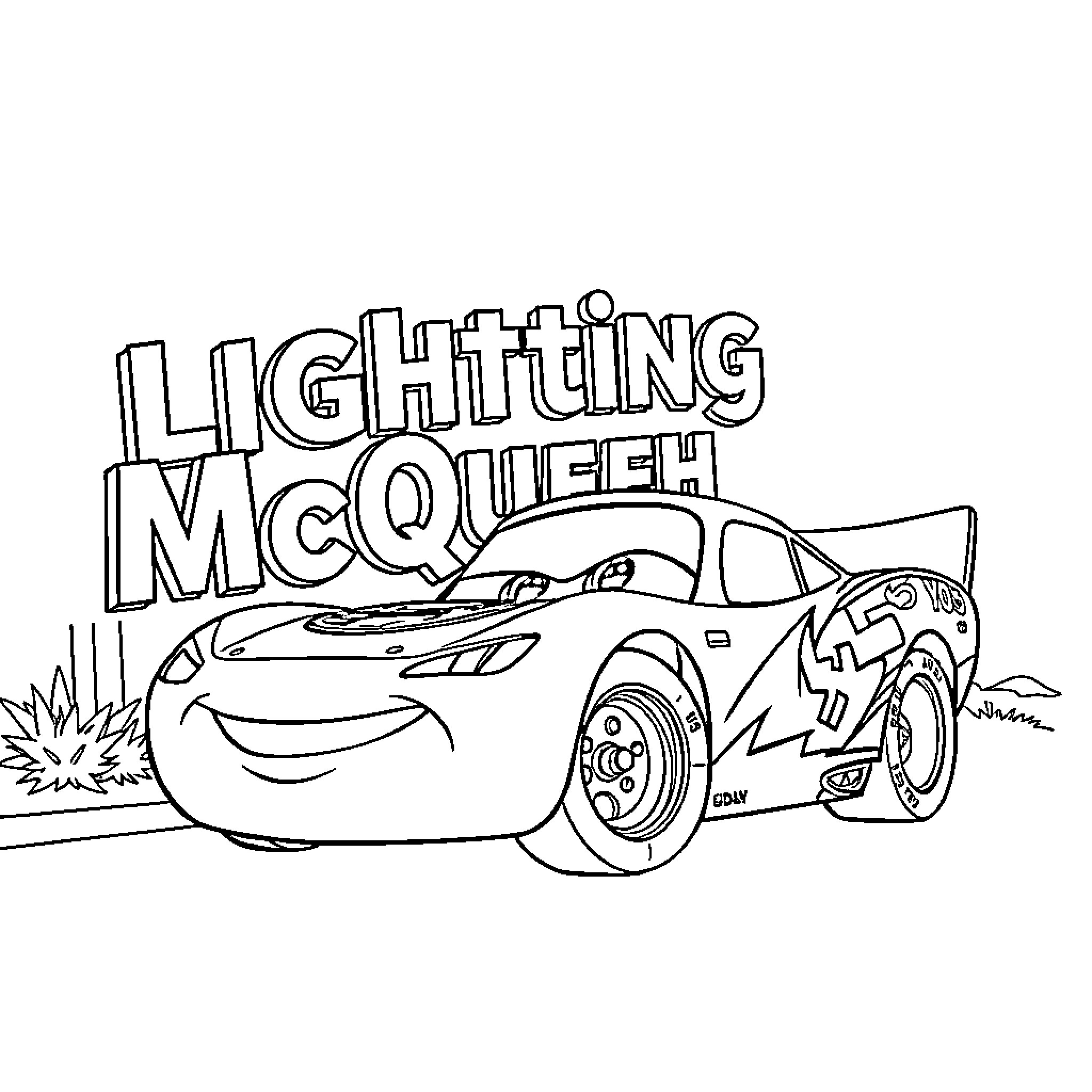 Lightning McQueen racing on the track Coloring Page (free black-and-white line drawing printable PDF for all, from beginners to advanced learners, including children, teens, adults, and seniors)