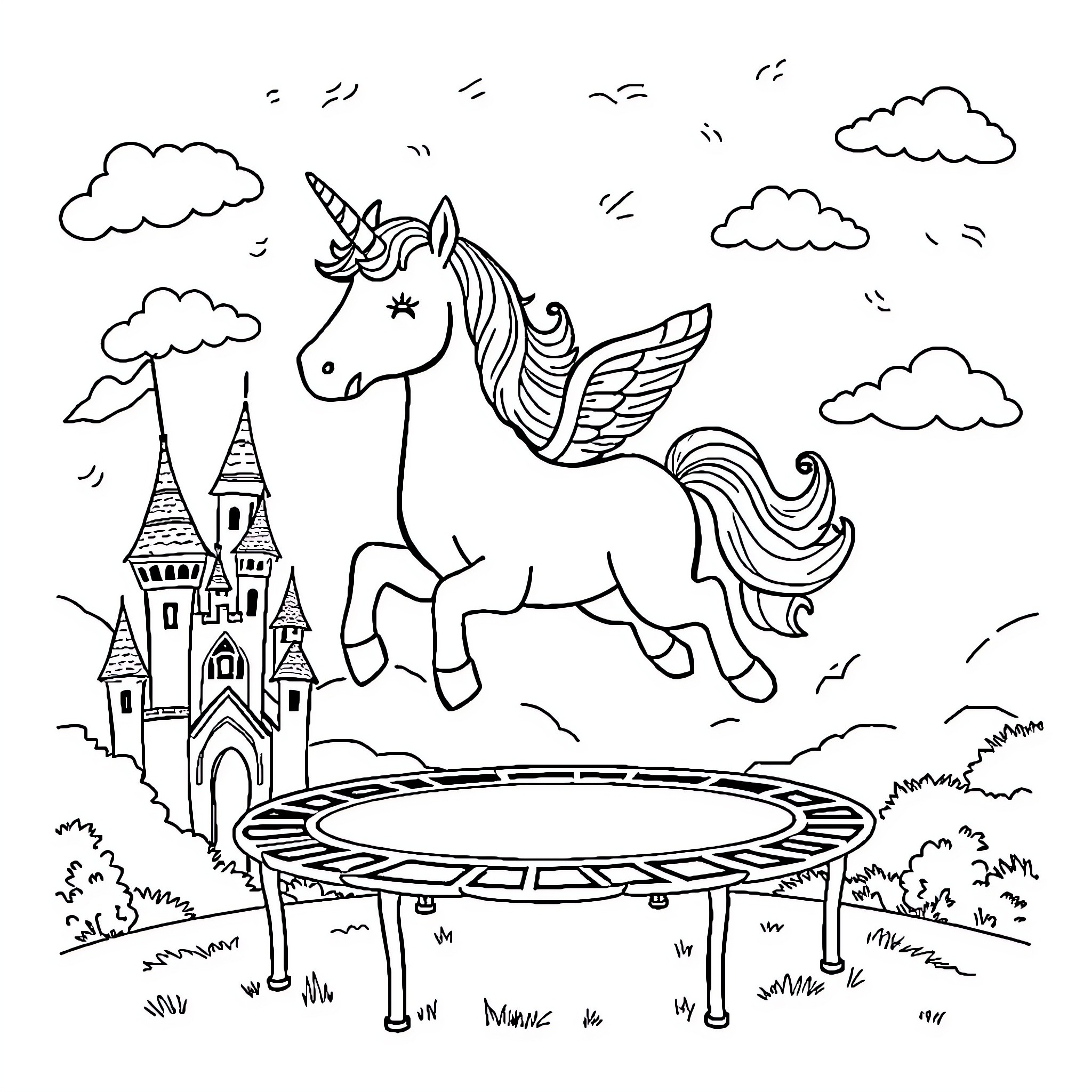 Unicorn flying over a magical castle landscape Coloring Page (free black-and-white line drawing printable PDF for all, from beginners to advanced learners, including children, teens, adults, and seniors)