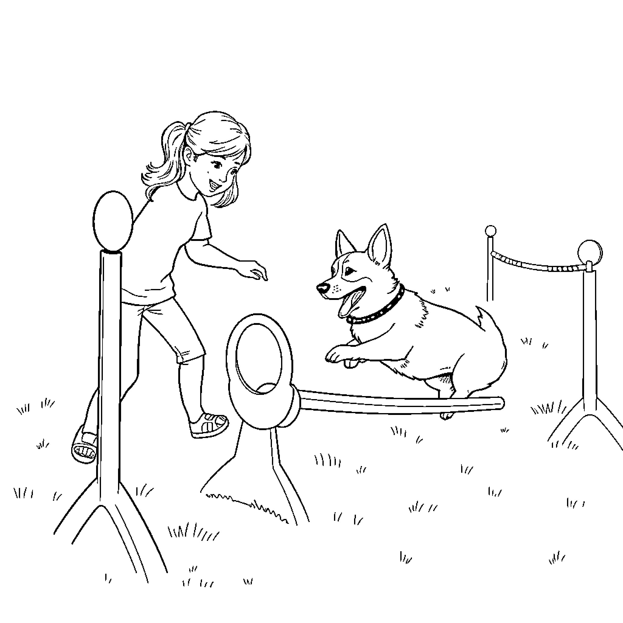 Girl playing with her dog in the park Coloring Page (free black-and-white line drawing printable PDF for all, from beginners to advanced learners, including children, teens, adults, and seniors)