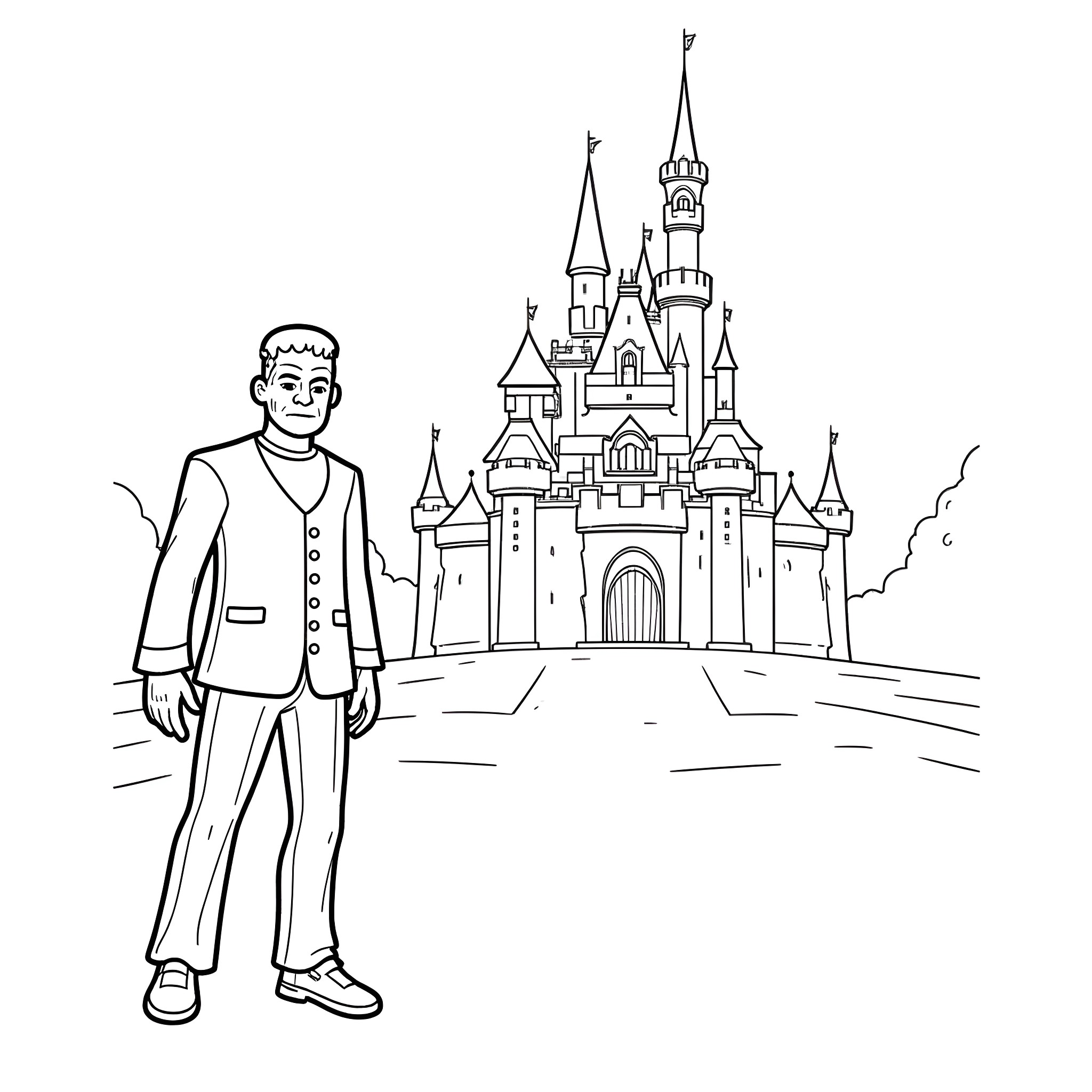 Frankenstein visits the enchanting castle Coloring Page (free black-and-white line drawing printable PDF for all, from beginners to advanced learners, including children, teens, adults, and seniors)