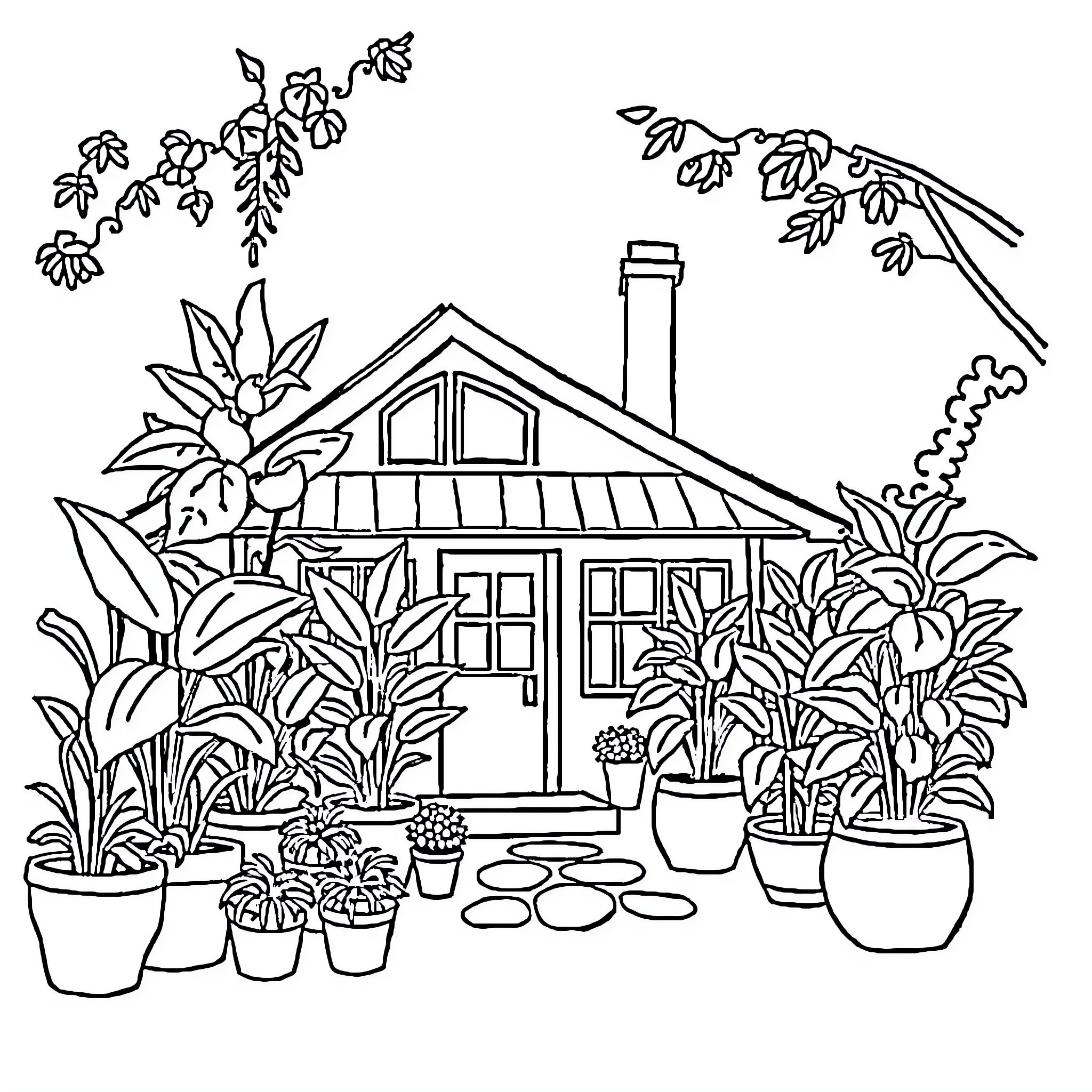 House surrounded by lush garden plants Coloring Page (free black-and-white line drawing printable PDF for all, from beginners to advanced learners, including children, teens, adults, and seniors)