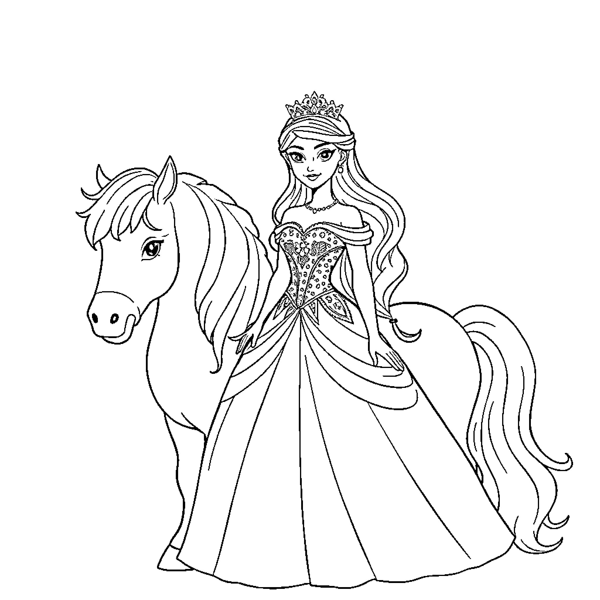 Princess in elegant dress riding a horse Coloring Page (free black-and-white line drawing printable PDF for all, from beginners to advanced learners, including children, teens, adults, and seniors)