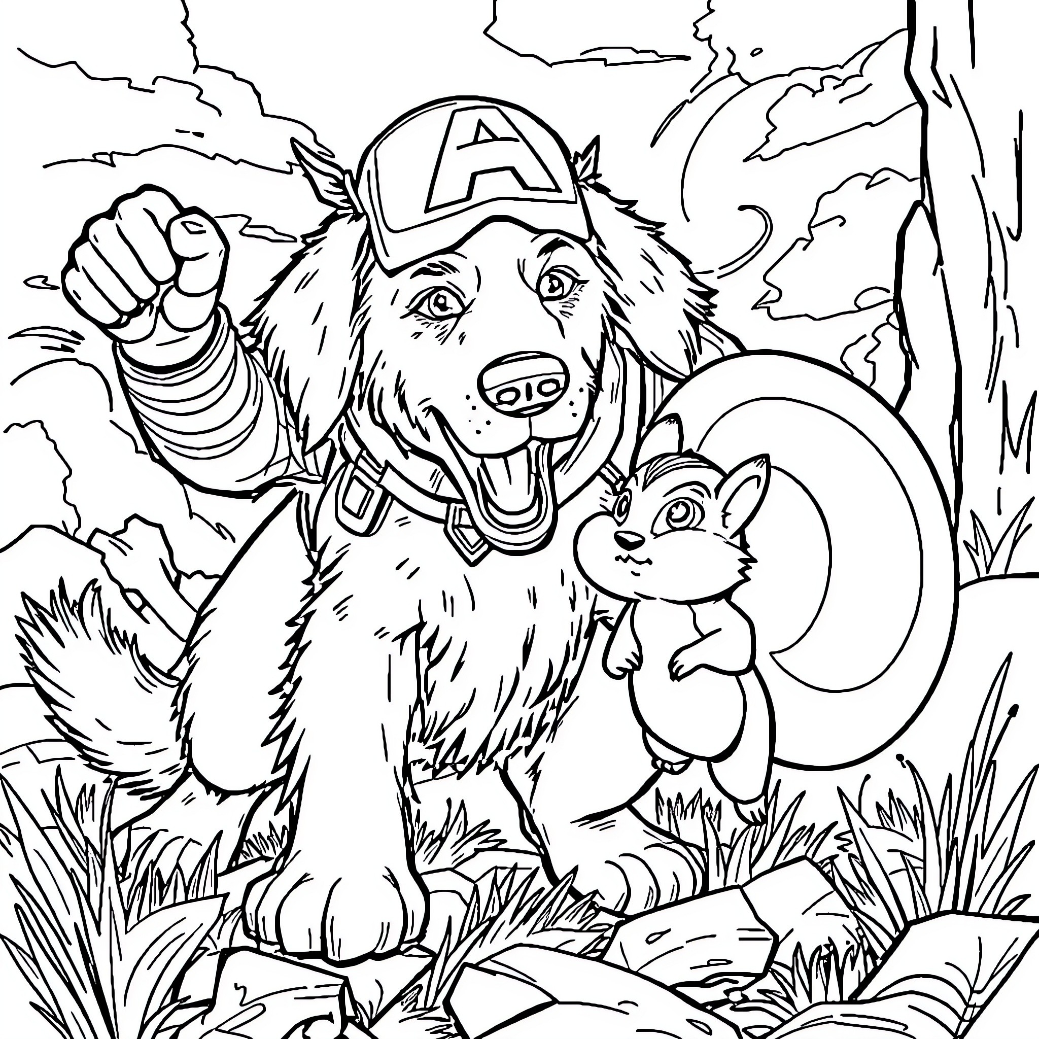 Captain America's Animal Companions in the Wilderness Coloring Page (free black-and-white line drawing printable PDF for all, from beginners to advanced learners, including children, teens, adults, and seniors)
