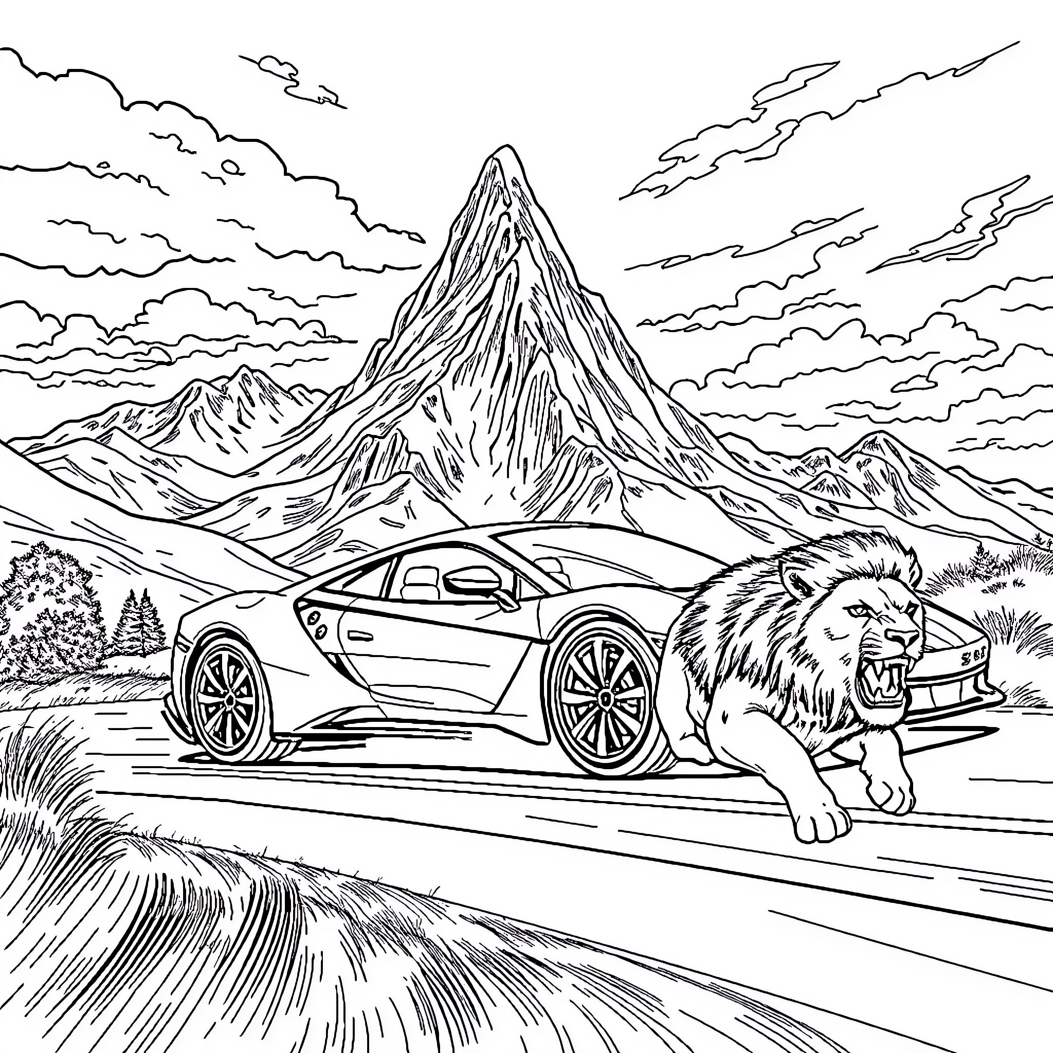 Mountain Sports Car and Roaring Lion in Scenic Landscape Coloring Page (free black-and-white line drawing printable PDF for all, from beginners to advanced learners, including children, teens, adults, and seniors)
