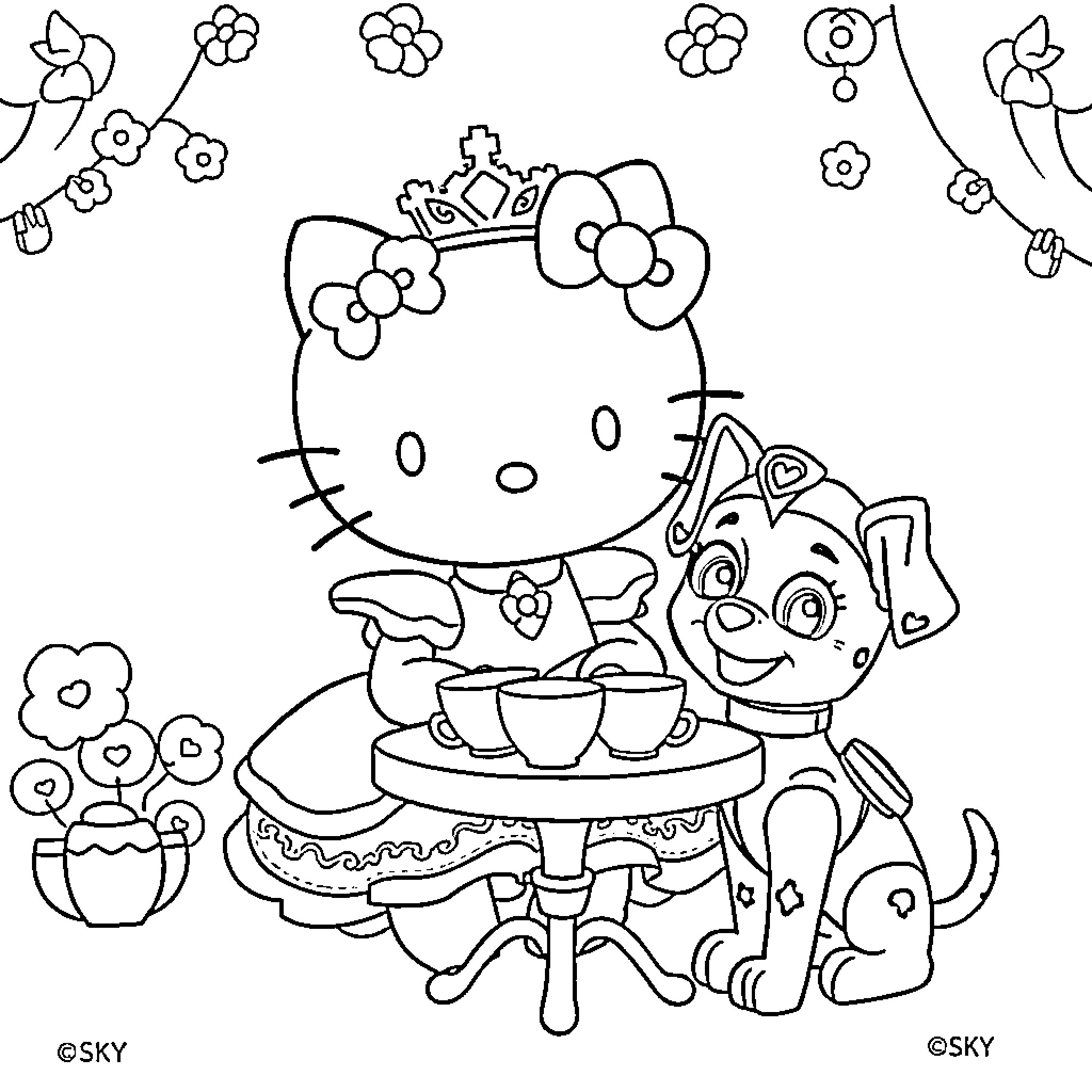 Hello Kitty having tea party with her cat friend Coloring Page (free black-and-white line drawing printable PDF for all, from beginners to advanced learners, including children, teens, adults, and seniors)