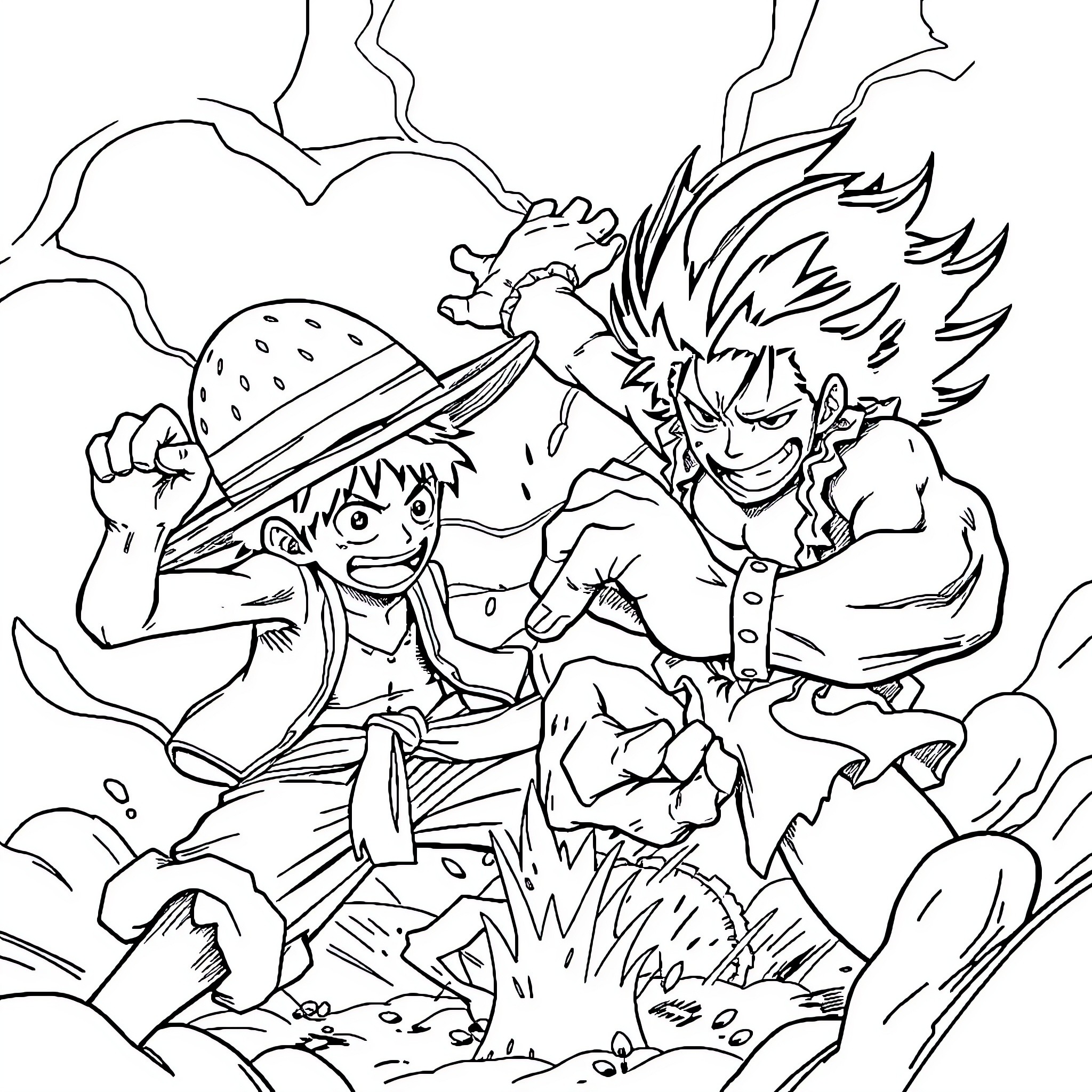 Luffy's Adventure in the Chaotic Jungle Coloring Page (free black-and-white line drawing printable PDF for all, from beginners to advanced learners, including children, teens, adults, and seniors)