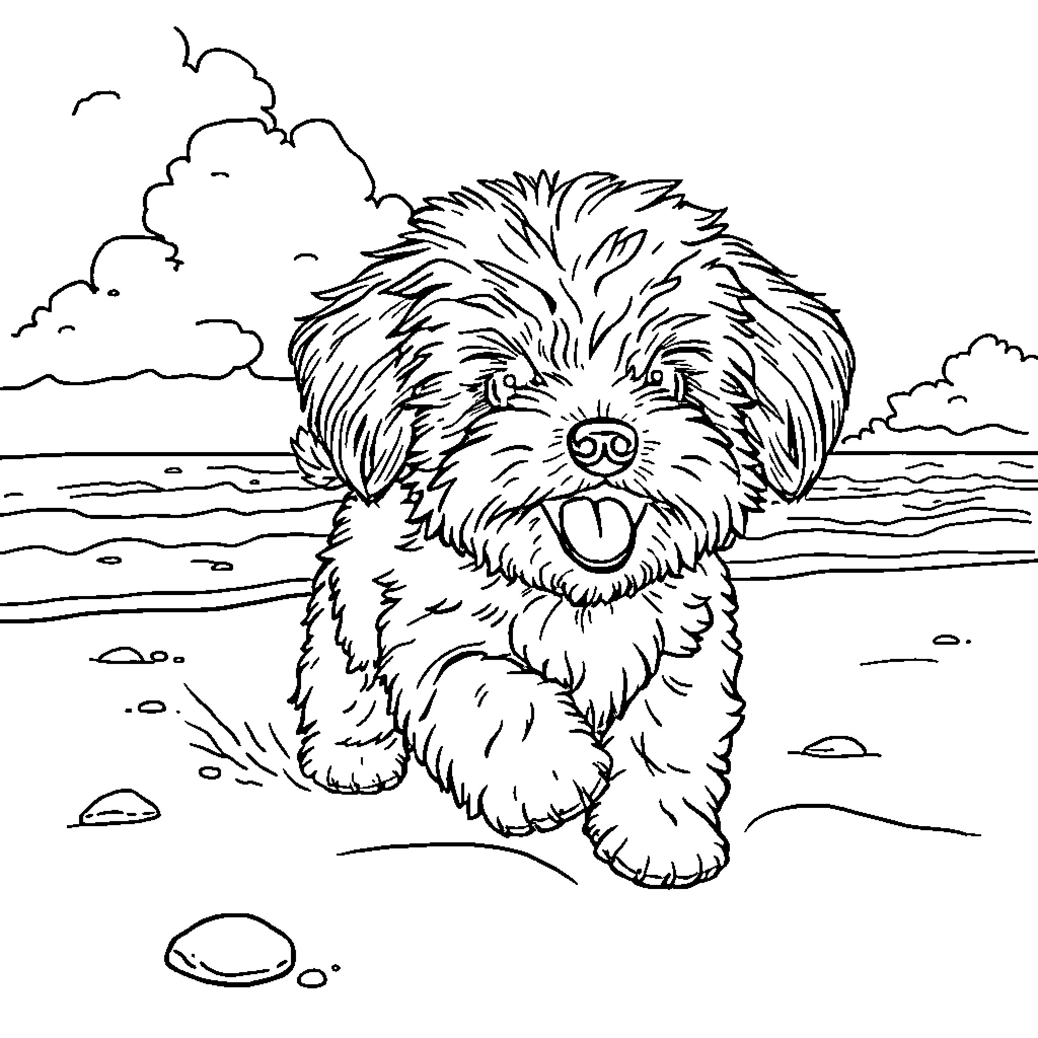 Bichon frolicking on the beach Coloring Page (free black-and-white line drawing printable PDF for all, from beginners to advanced learners, including children, teens, adults, and seniors)