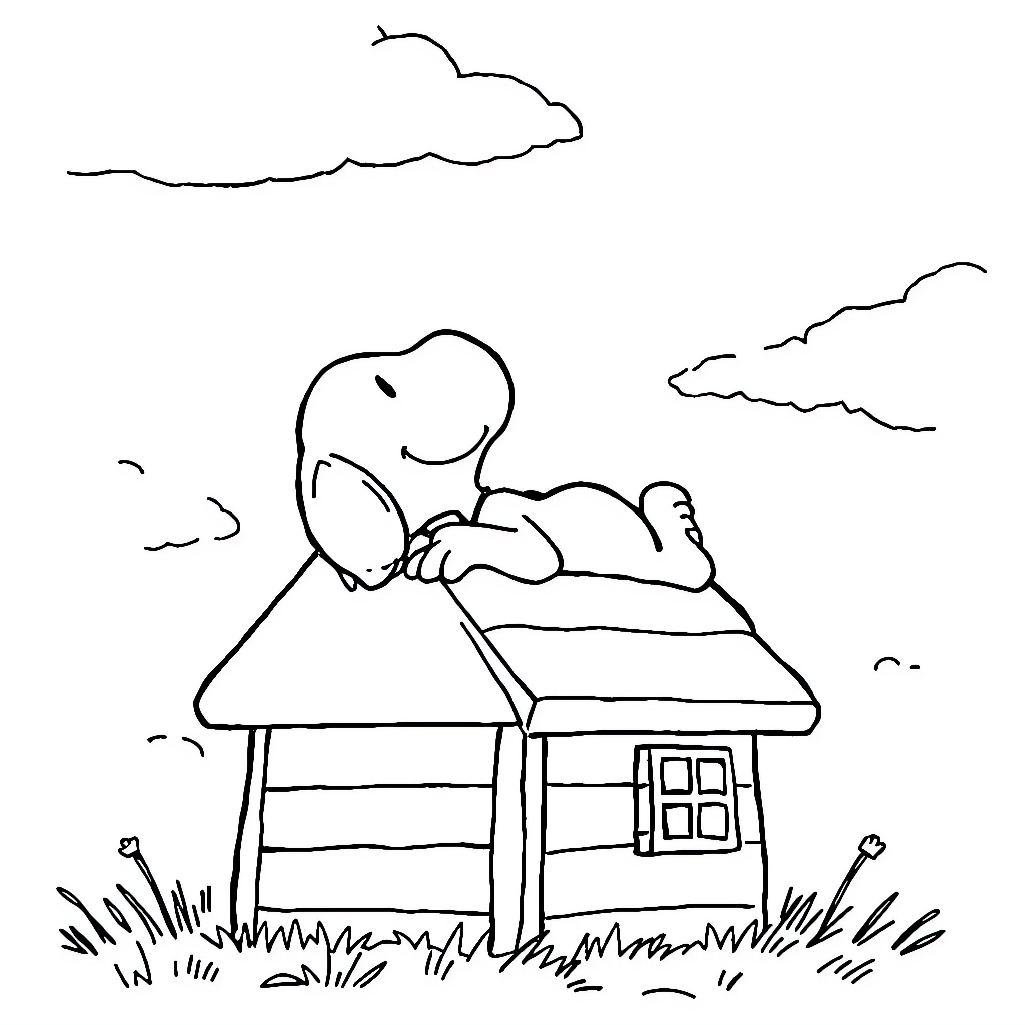 Snoopy resting peacefully in a cozy cottage Coloring Page (free black-and-white line drawing printable PDF for all, from beginners to advanced learners, including children, teens, adults, and seniors)