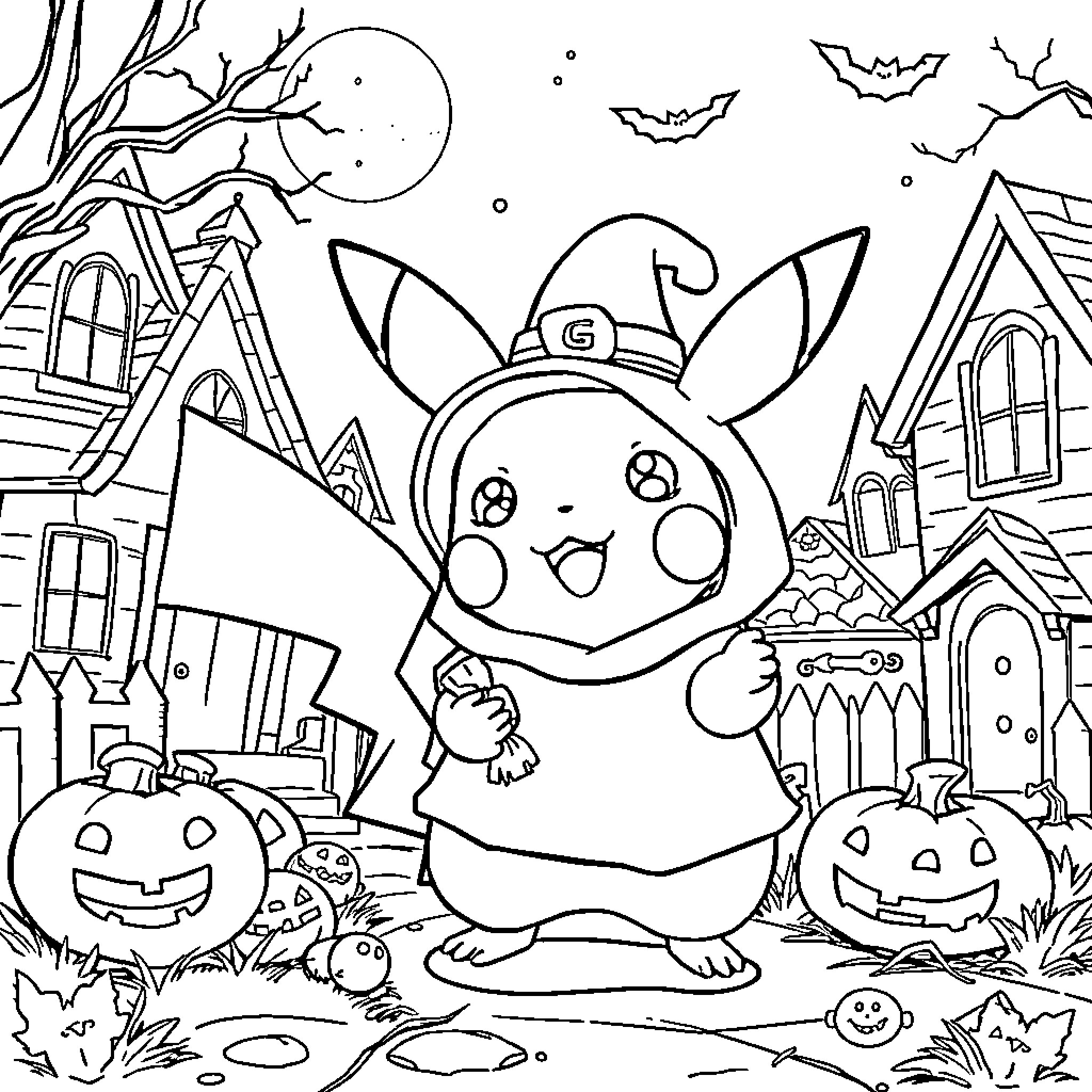 Pikachu enjoying Halloween festivities in a spooky town Coloring Page (free black-and-white line drawing printable PDF for all, from beginners to advanced learners, including children, teens, adults, and seniors)