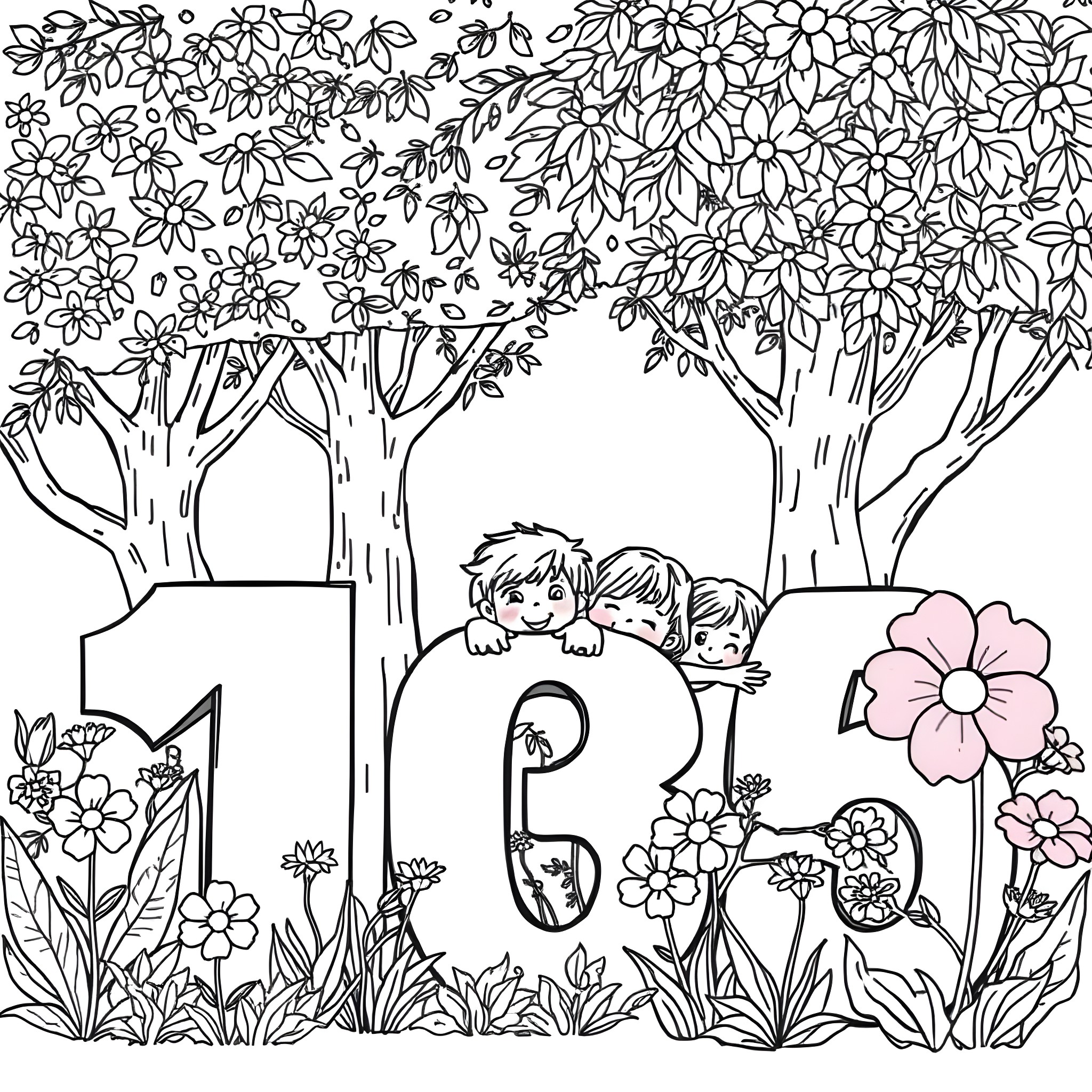 Child playing in the flower garden Coloring Page (free black-and-white line drawing printable PDF for all, from beginners to advanced learners, including children, teens, adults, and seniors)