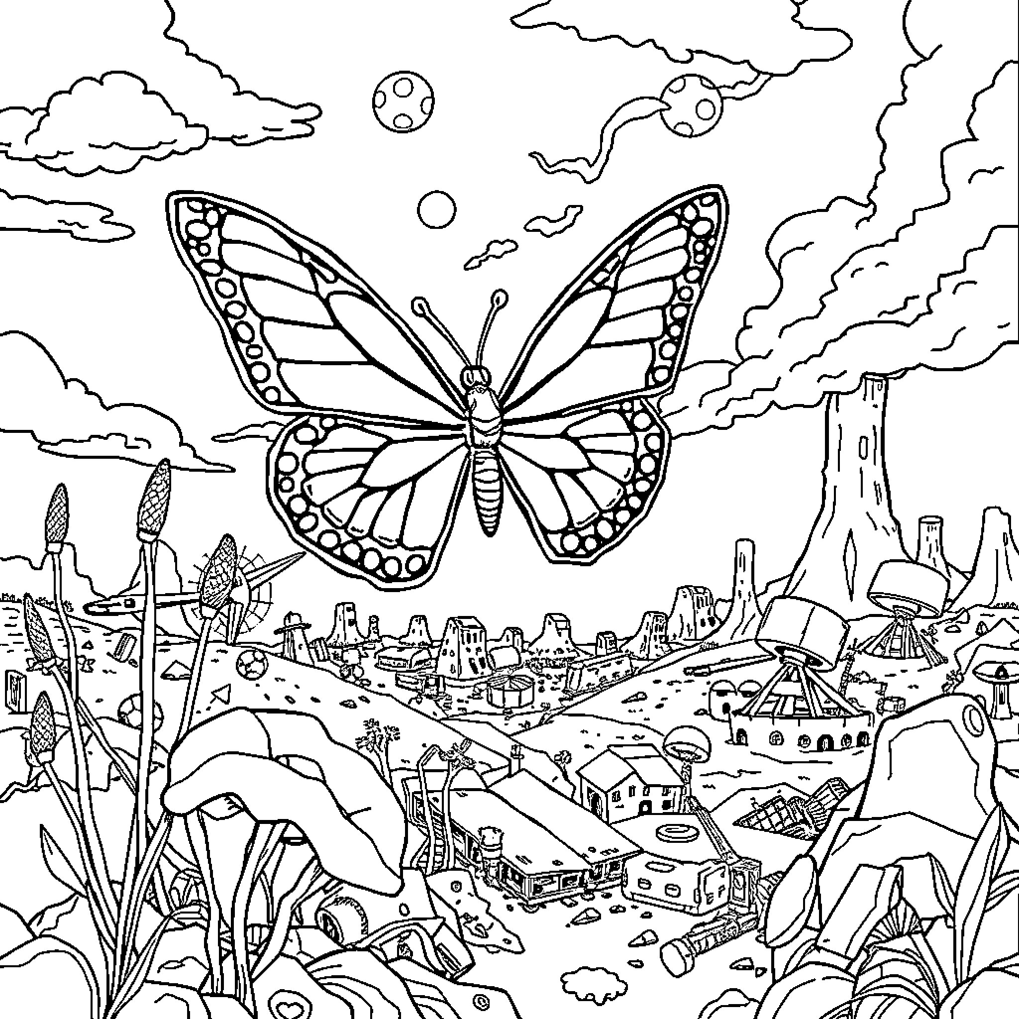 Butterfly soaring over a surreal landscape Coloring Page (free black-and-white line drawing printable PDF for all, from beginners to advanced learners, including children, teens, adults, and seniors)