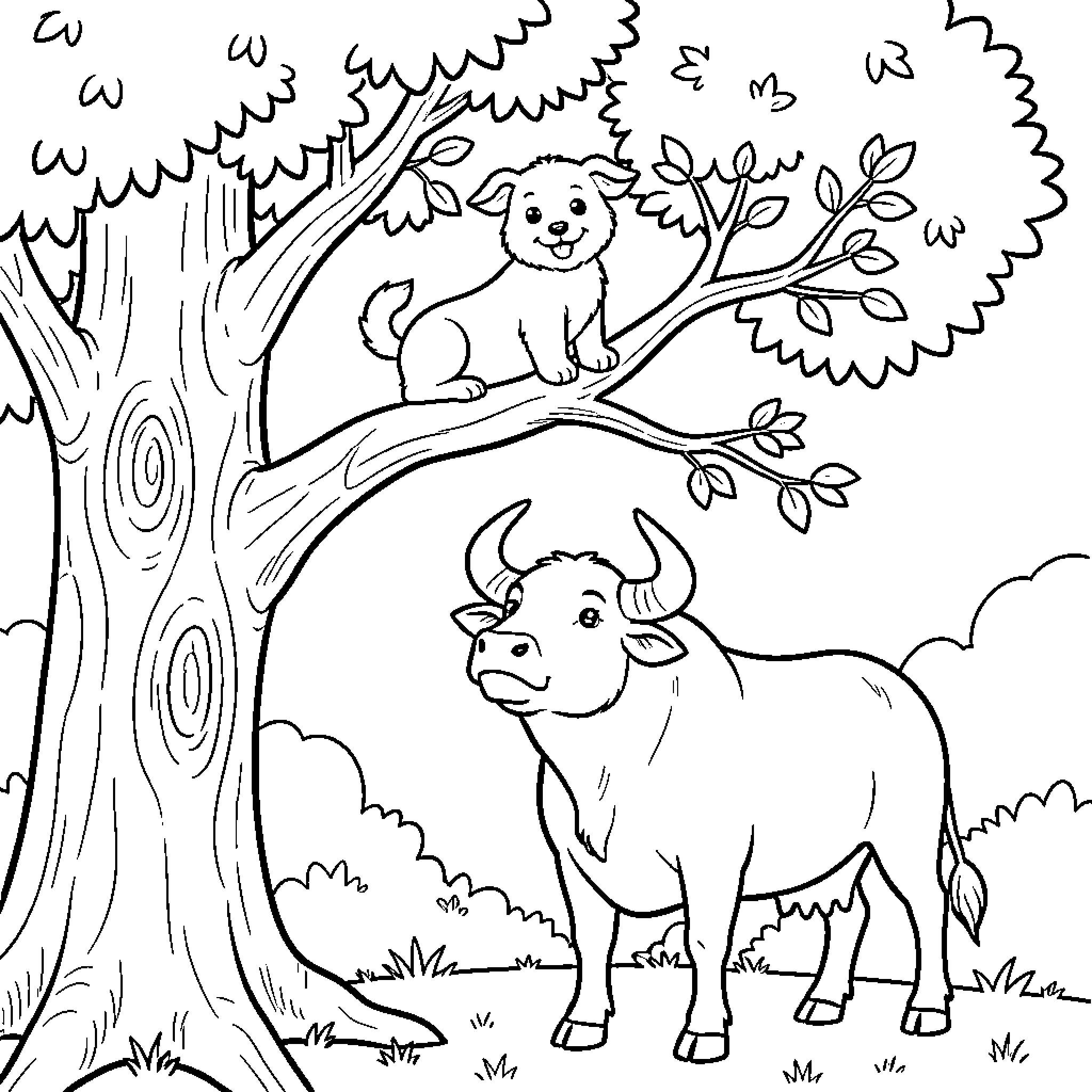 Dog playing happily in the forest with a buffalo Coloring Page (free black-and-white line drawing printable PDF for all, from beginners to advanced learners, including children, teens, adults, and seniors)