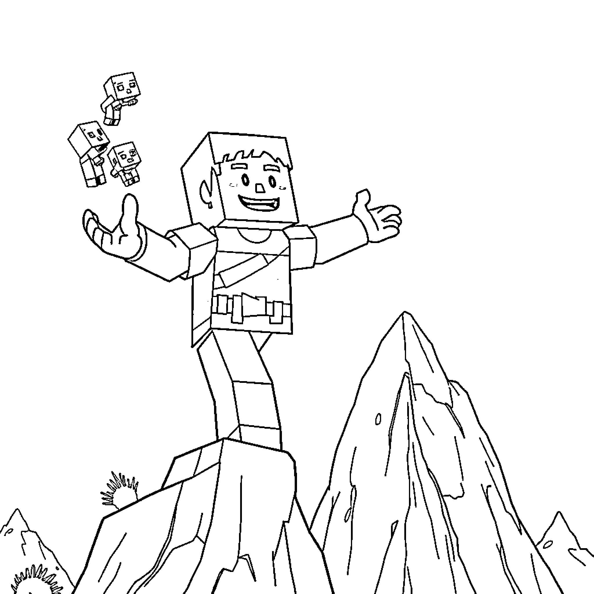 Steve's Mountain Adventure with Robots Coloring Page (free black-and-white line drawing printable PDF for all, from beginners to advanced learners, including children, teens, adults, and seniors)