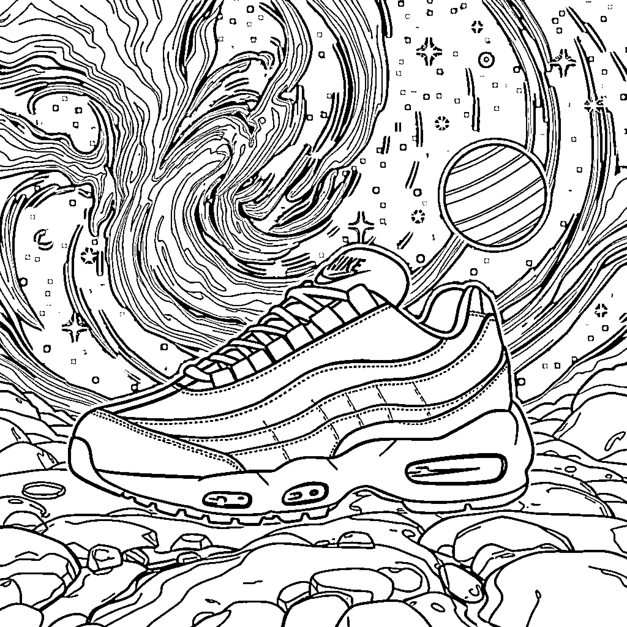 Air Max 95 Cosmic Footwear Adventure Coloring Page (free black-and-white line drawing printable PDF for all, from beginners to advanced learners, including children, teens, adults, and seniors)