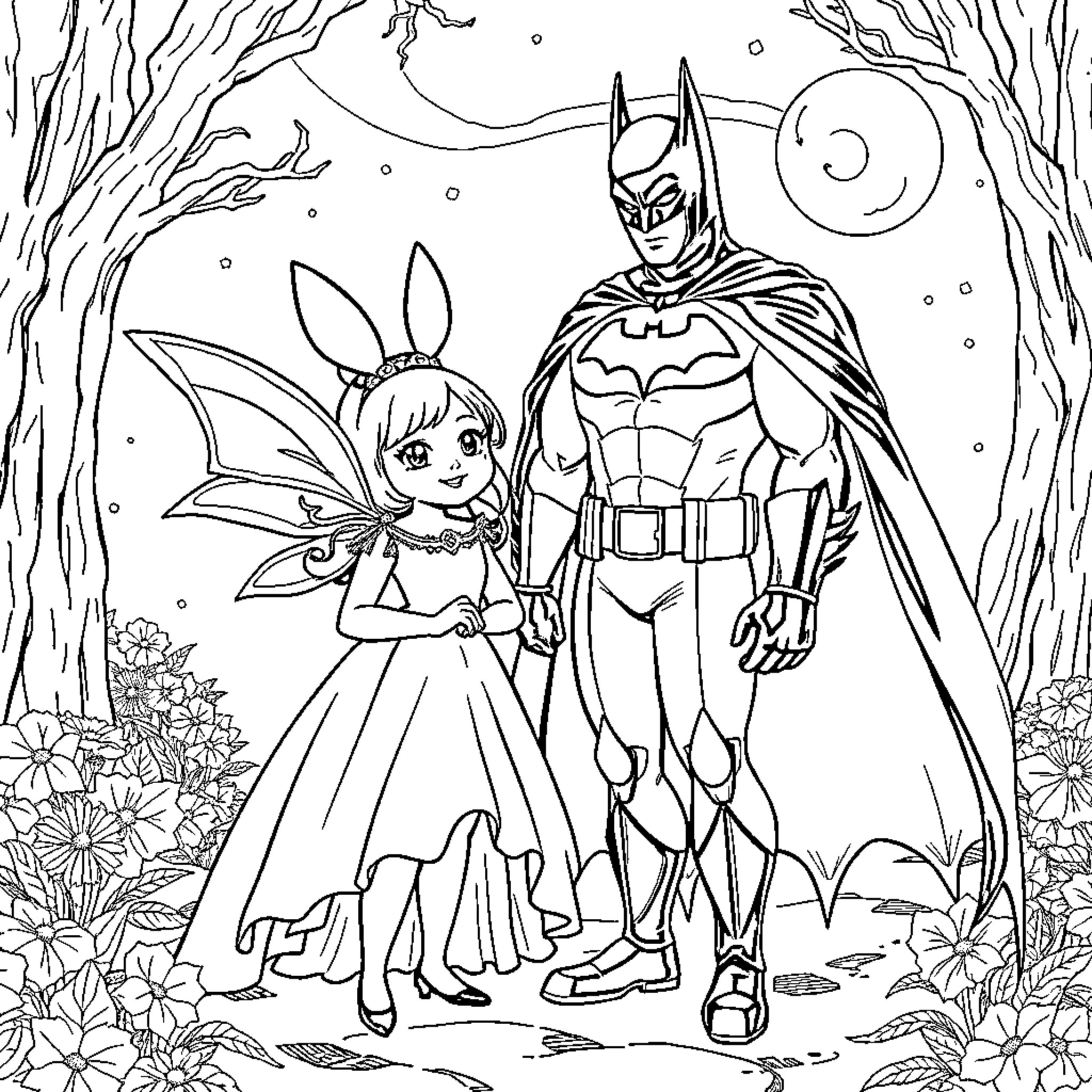 Cendrion superhero and fairy standing together in a forest Coloring Page (free black-and-white line drawing printable PDF for all, from beginners to advanced learners, including children, teens, adults, and seniors)
