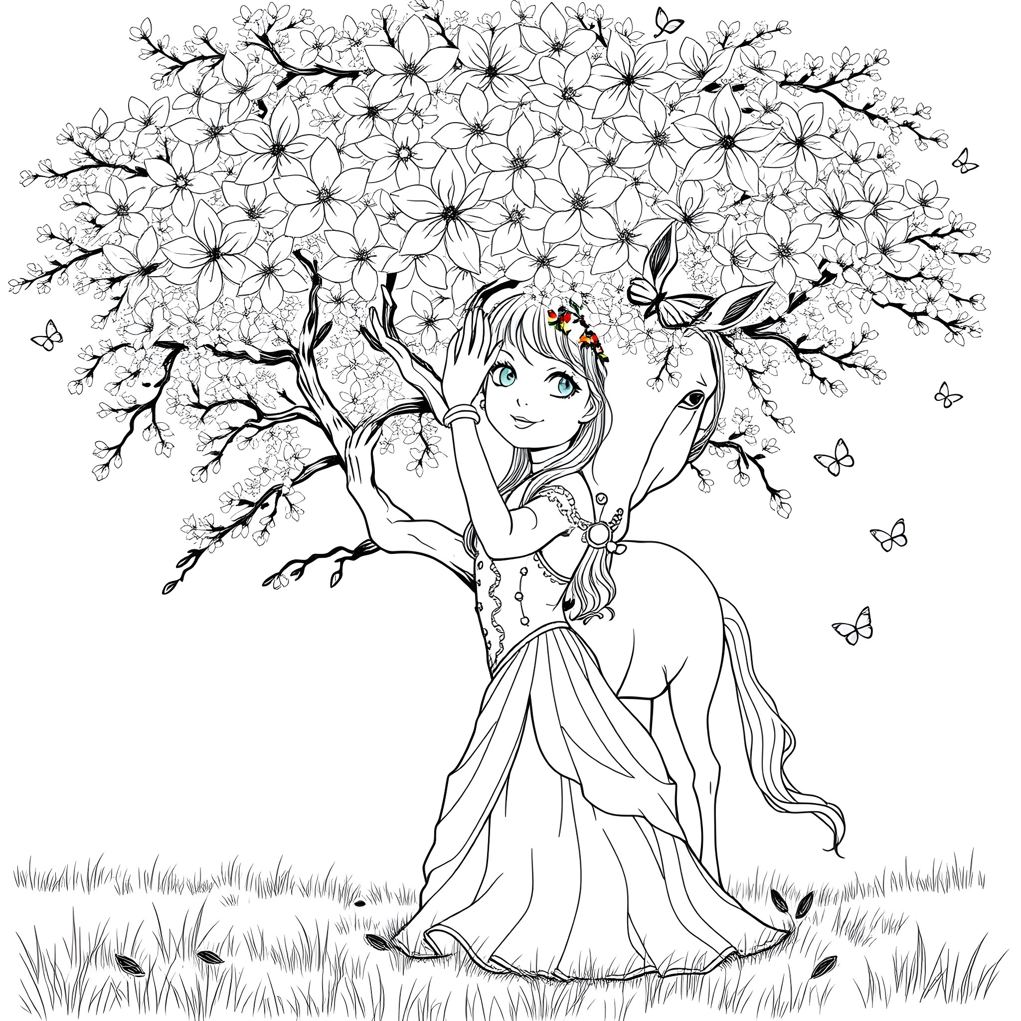 Princess embracing a blooming flower tree surrounded by butterflies Coloring Page (free black-and-white line drawing printable PDF for all, from beginners to advanced learners, including children, teens, adults, and seniors)