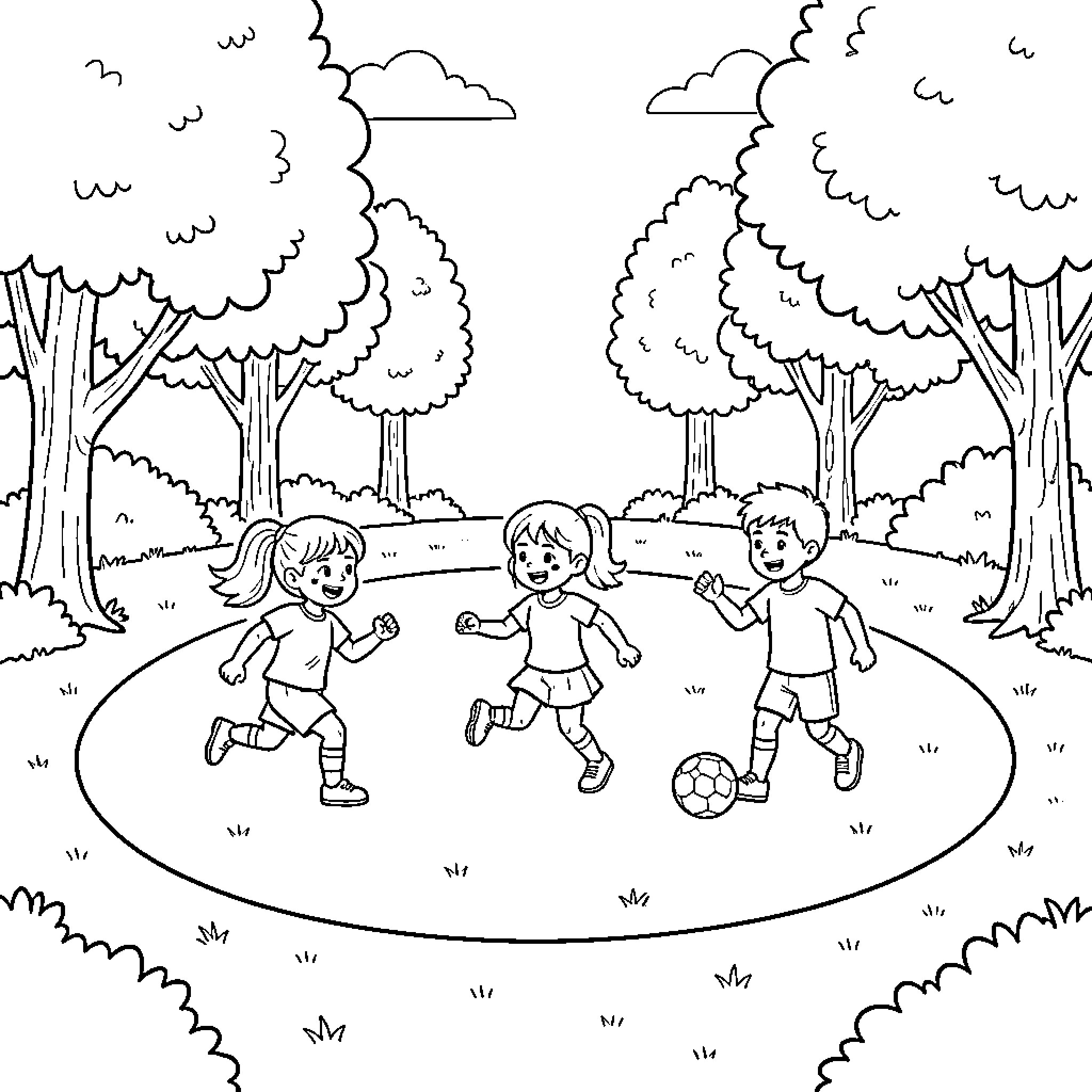 Football Players Playing Outdoors in a Park Coloring Page (free black-and-white line drawing printable PDF for all, from beginners to advanced learners, including children, teens, adults, and seniors)