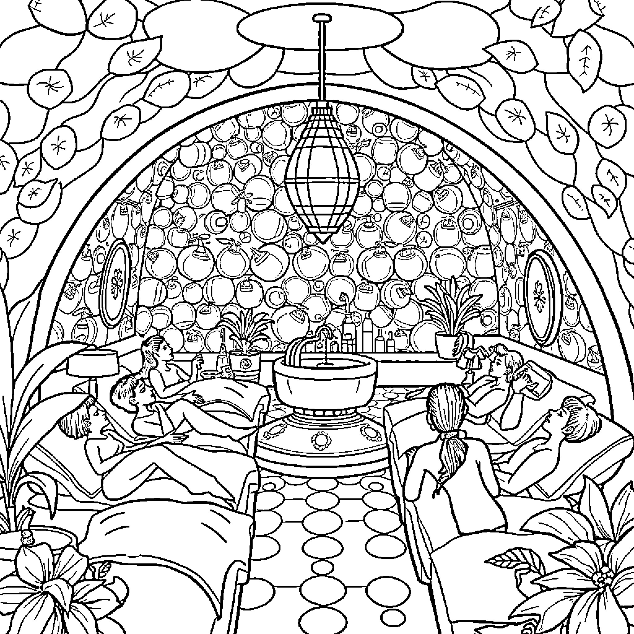 Spa Retreat with Relaxing Atmosphere Coloring Page (free black-and-white line drawing printable PDF for all, from beginners to advanced learners, including children, teens, adults, and seniors)