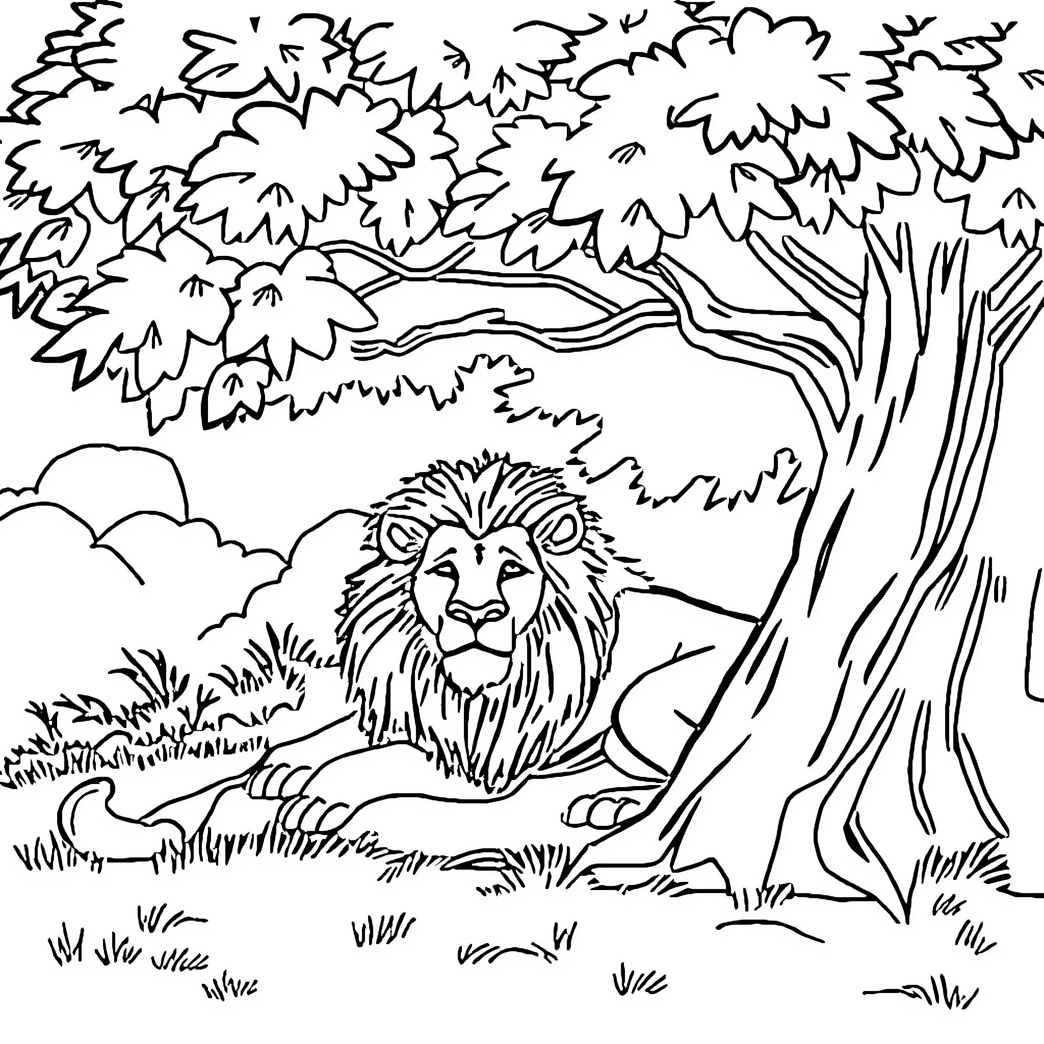 Lion resting in the dense forest Coloring Page (free black-and-white line drawing printable PDF for all, from beginners to advanced learners, including children, teens, adults, and seniors)