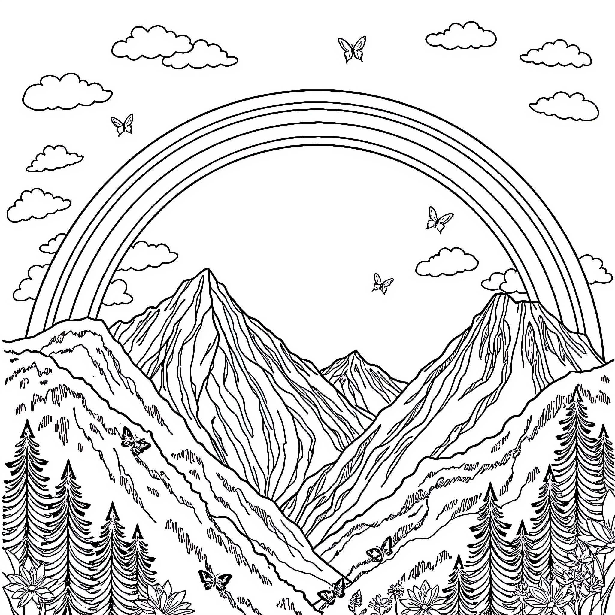 Rainbow Mountain Scenery with Butterflies Coloring Page (free black-and-white line drawing printable PDF for all, from beginners to advanced learners, including children, teens, adults, and seniors)