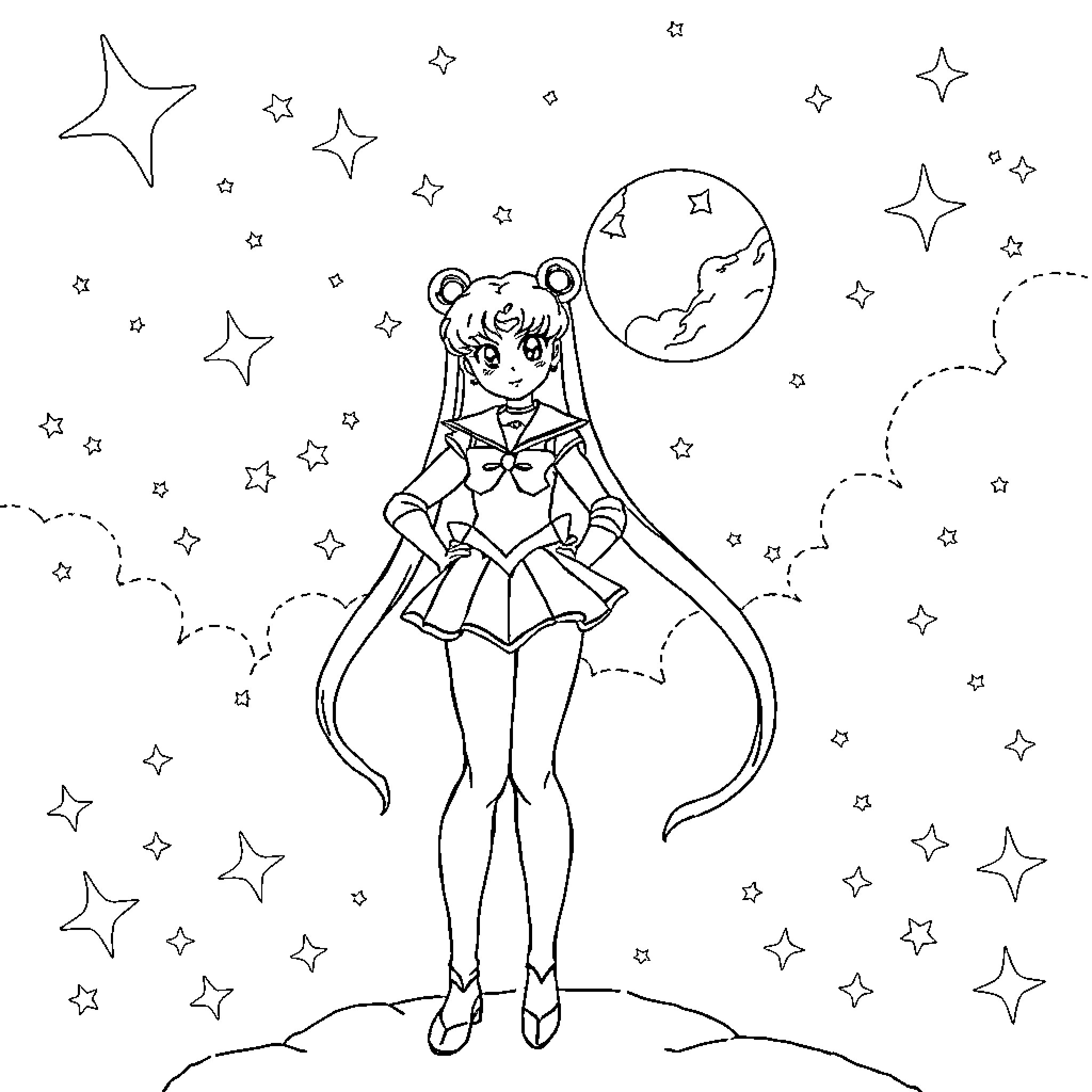 Sailor Moon Exploring Celestial Wonders Coloring Page (free black-and-white line drawing printable PDF for all, from beginners to advanced learners, including children, teens, adults, and seniors)