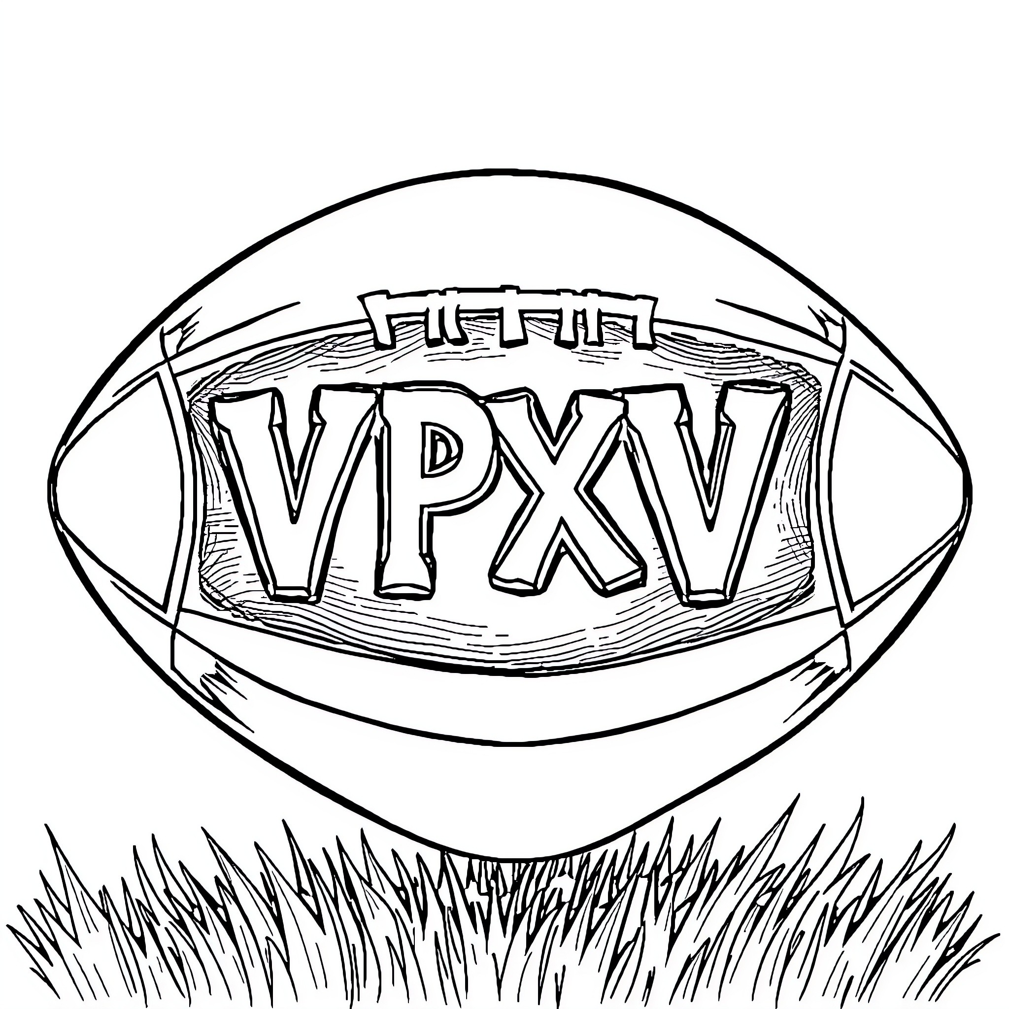 Rugby Ball with VPXV Logo and Grass Coloring Page (free black-and-white line drawing printable PDF for all, from beginners to advanced learners, including children, teens, adults, and seniors)