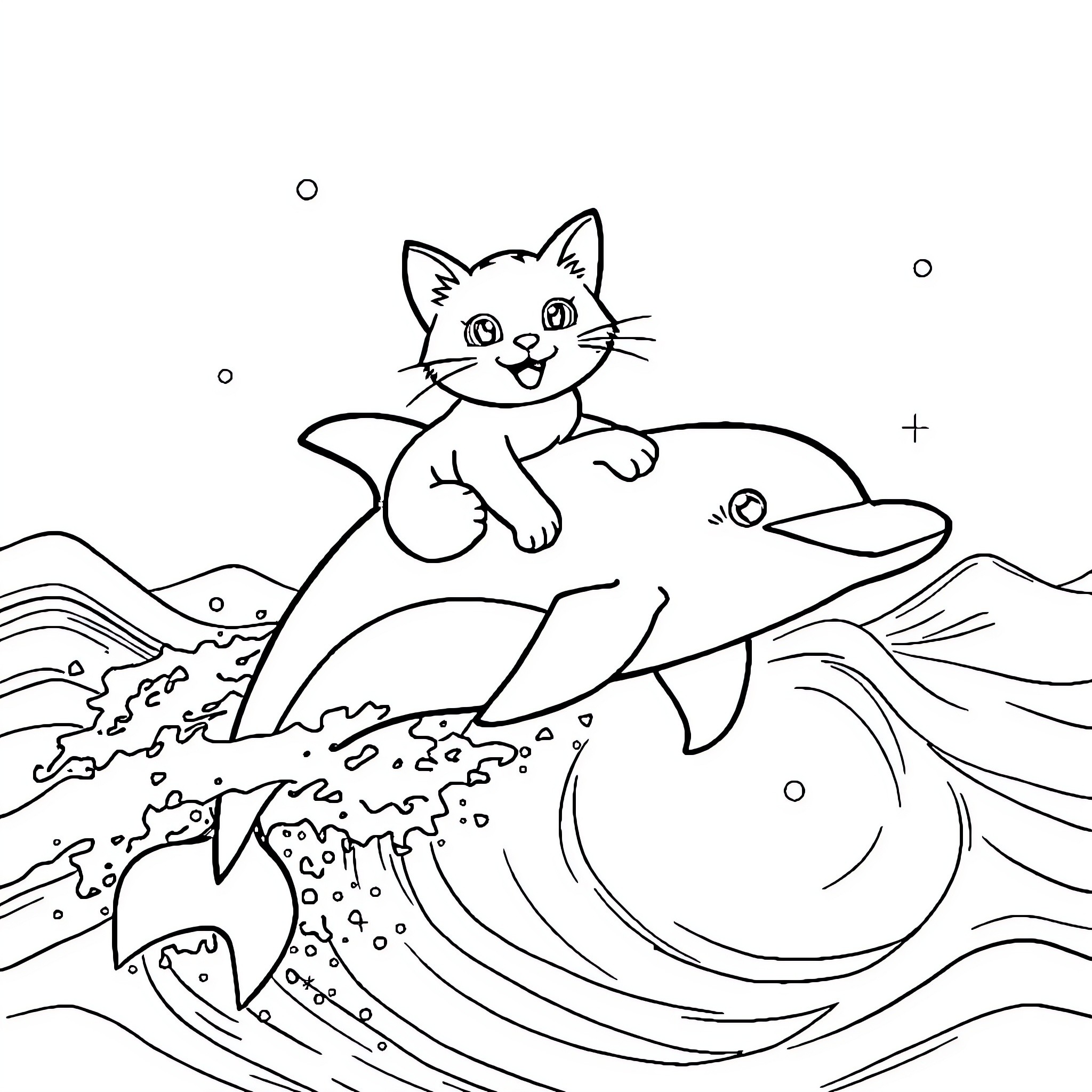 Cat riding playfully on fish in ocean waves Coloring Page (free black-and-white line drawing printable PDF for all, from beginners to advanced learners, including children, teens, adults, and seniors)