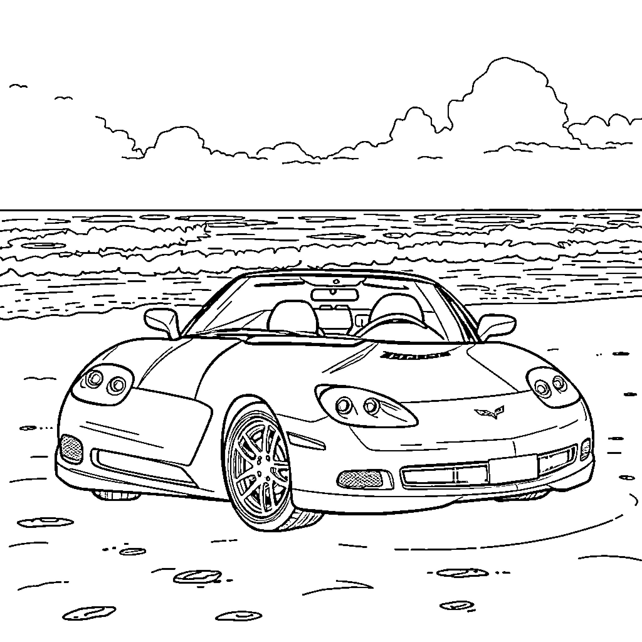 Corvette sports car on the beach Coloring Page (free black-and-white line drawing printable PDF for all, from beginners to advanced learners, including children, teens, adults, and seniors)