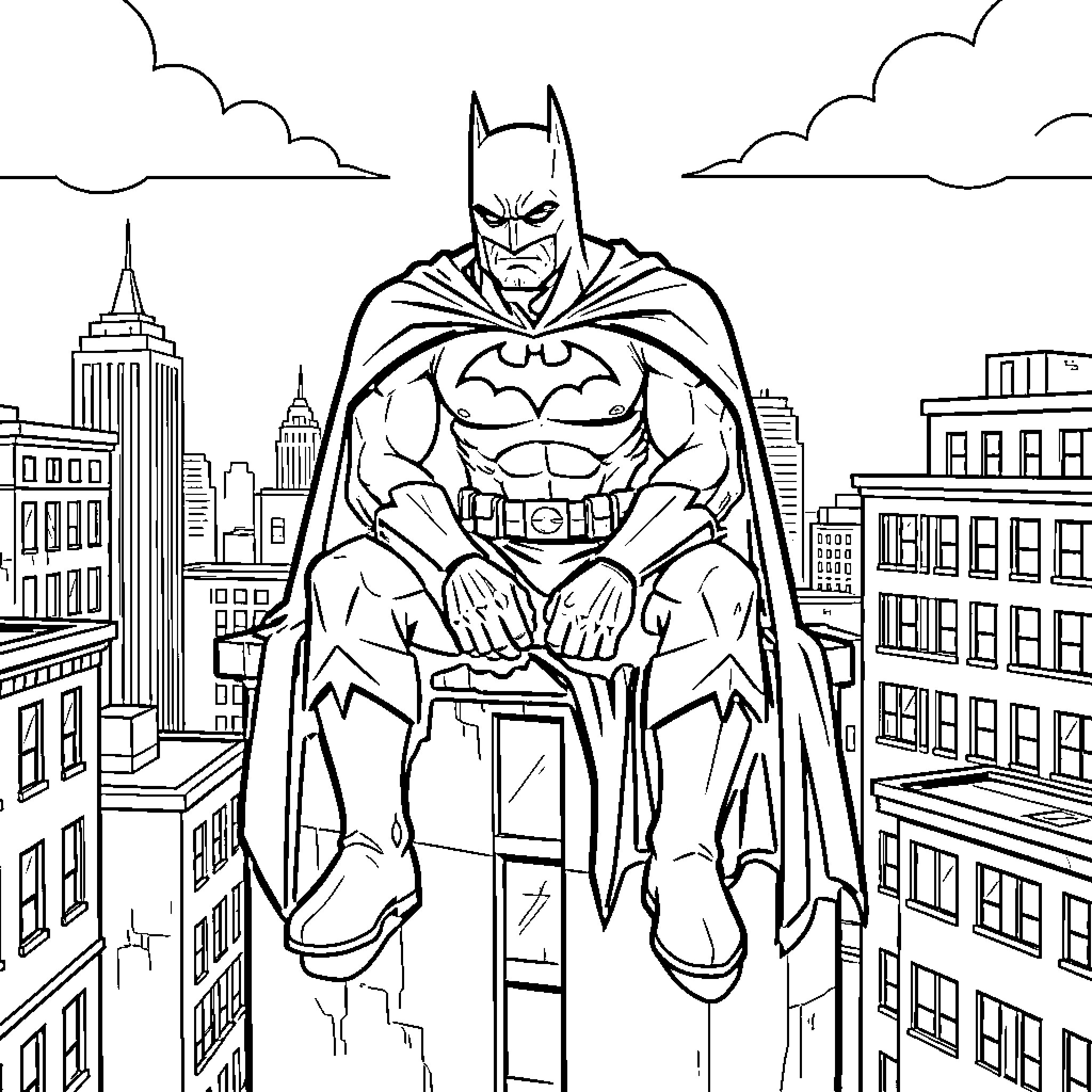 Batman standing tall in the city skyline Coloring Page (free black-and-white line drawing printable PDF for all, from beginners to advanced learners, including children, teens, adults, and seniors)