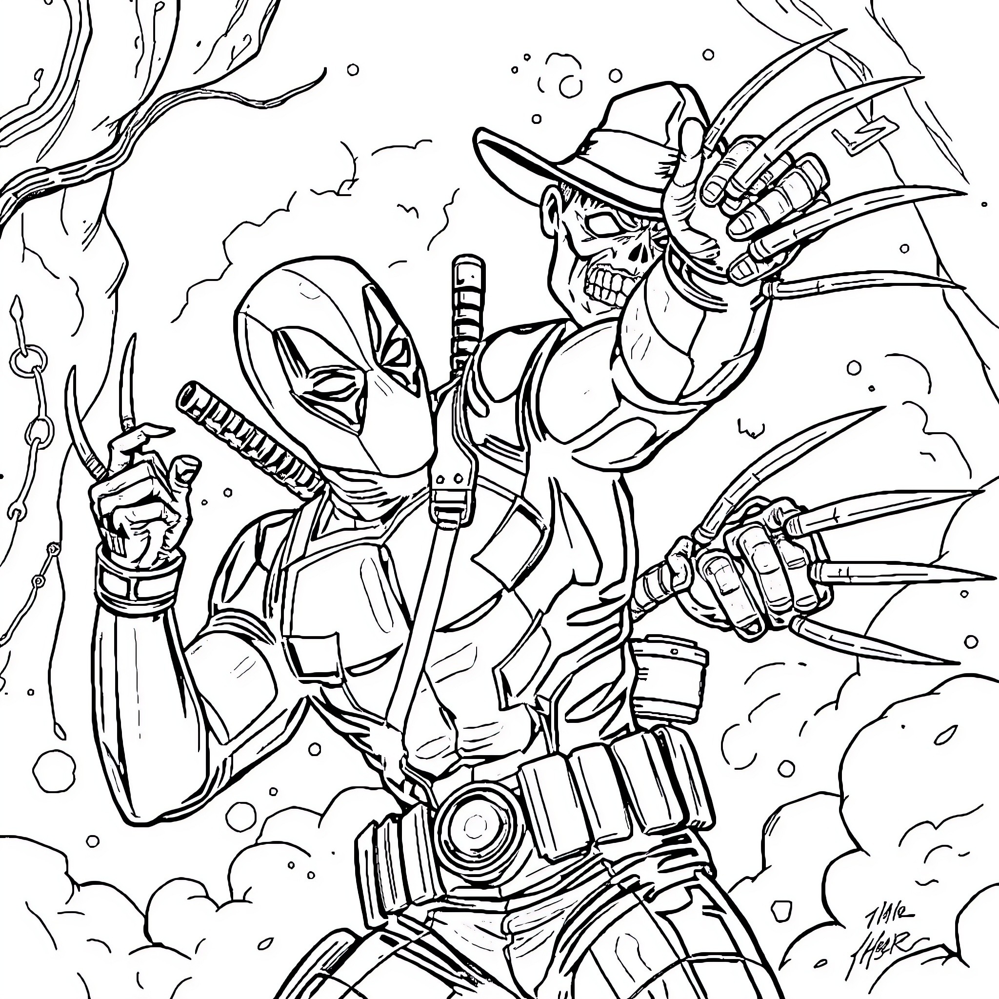 Deadpool in epic action and combat Coloring Page (free black-and-white line drawing printable PDF for all, from beginners to advanced learners, including children, teens, adults, and seniors)