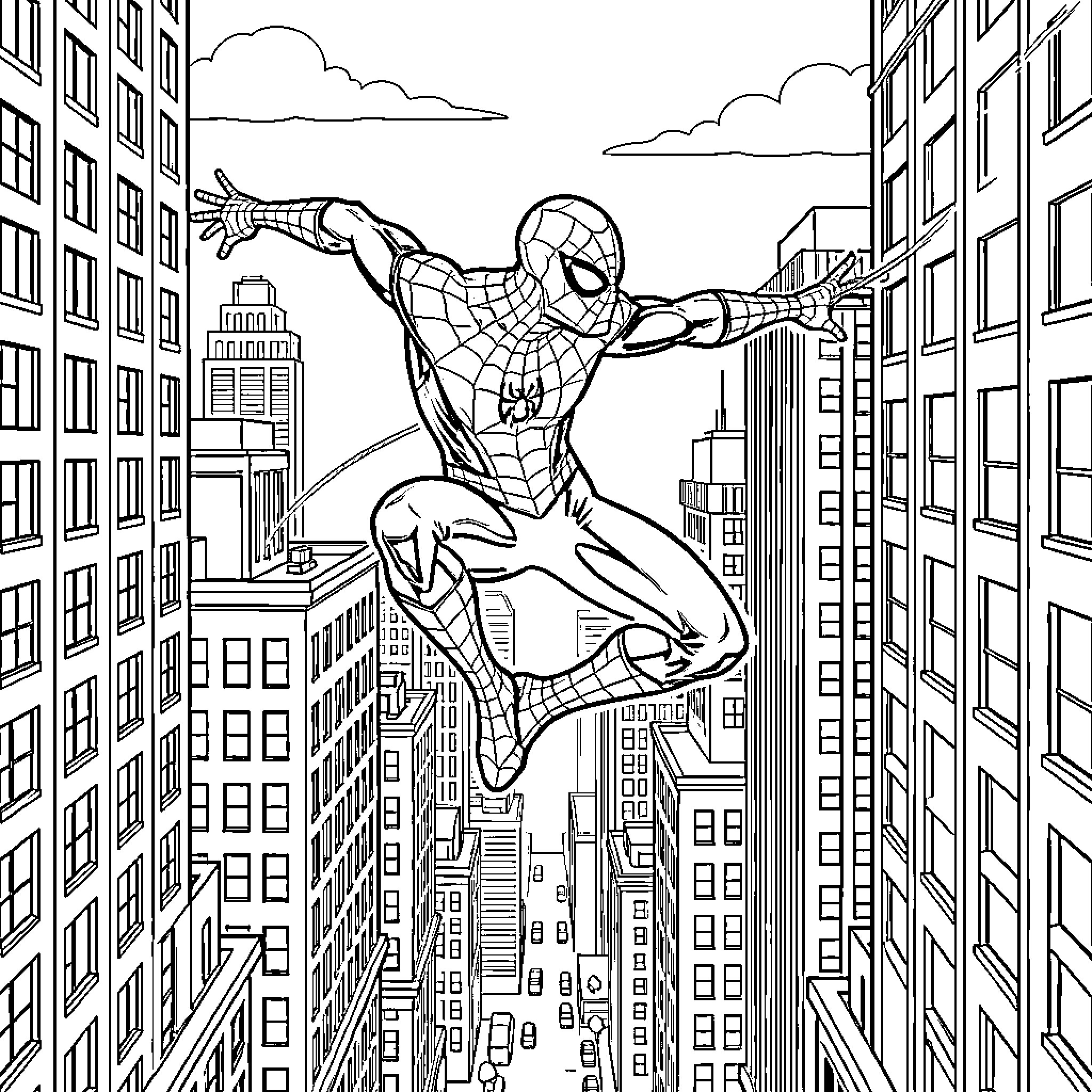 Spider-Man swinging through the city skyline Coloring Page (free black-and-white line drawing printable PDF for all, from beginners to advanced learners, including children, teens, adults, and seniors)