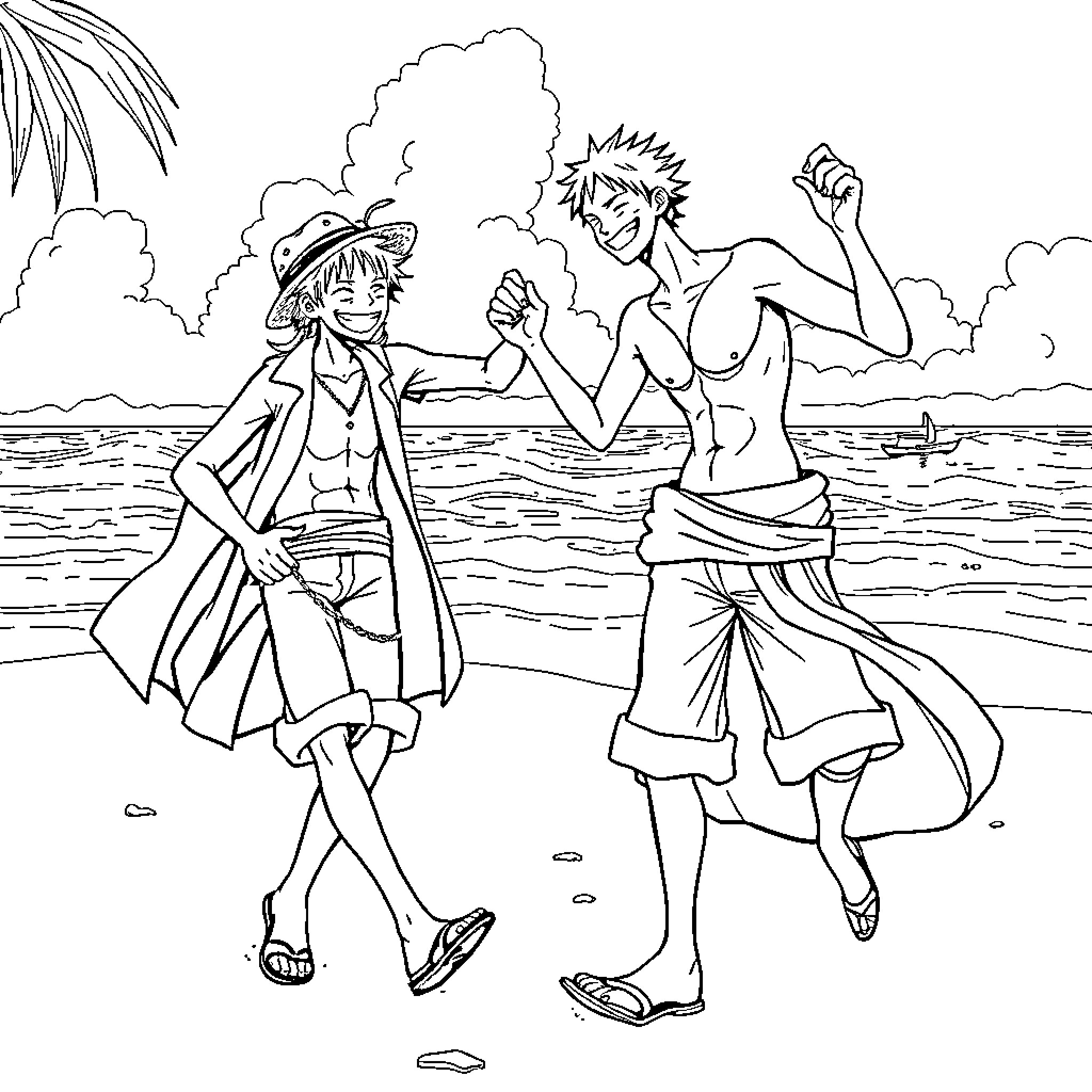 Zoro and Luffy enjoying a day at the beach Coloring Page (free black-and-white line drawing printable PDF for all, from beginners to advanced learners, including children, teens, adults, and seniors)