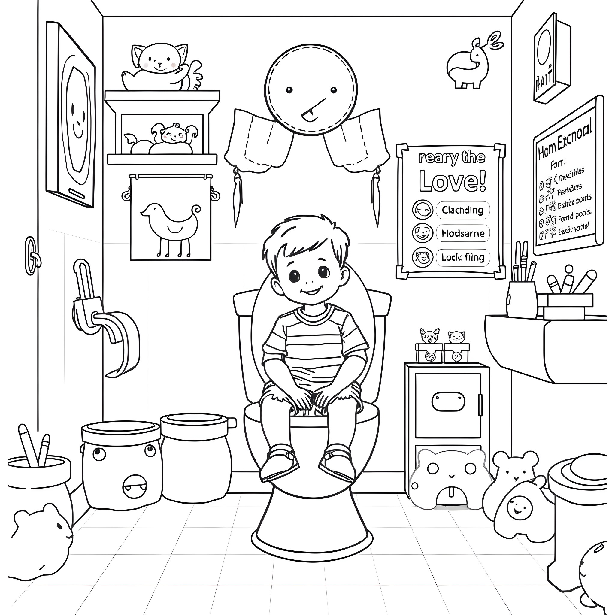 Boy playing and exploring in his bedroom Coloring Page (free black-and-white line drawing printable PDF for all, from beginners to advanced learners, including children, teens, adults, and seniors)
